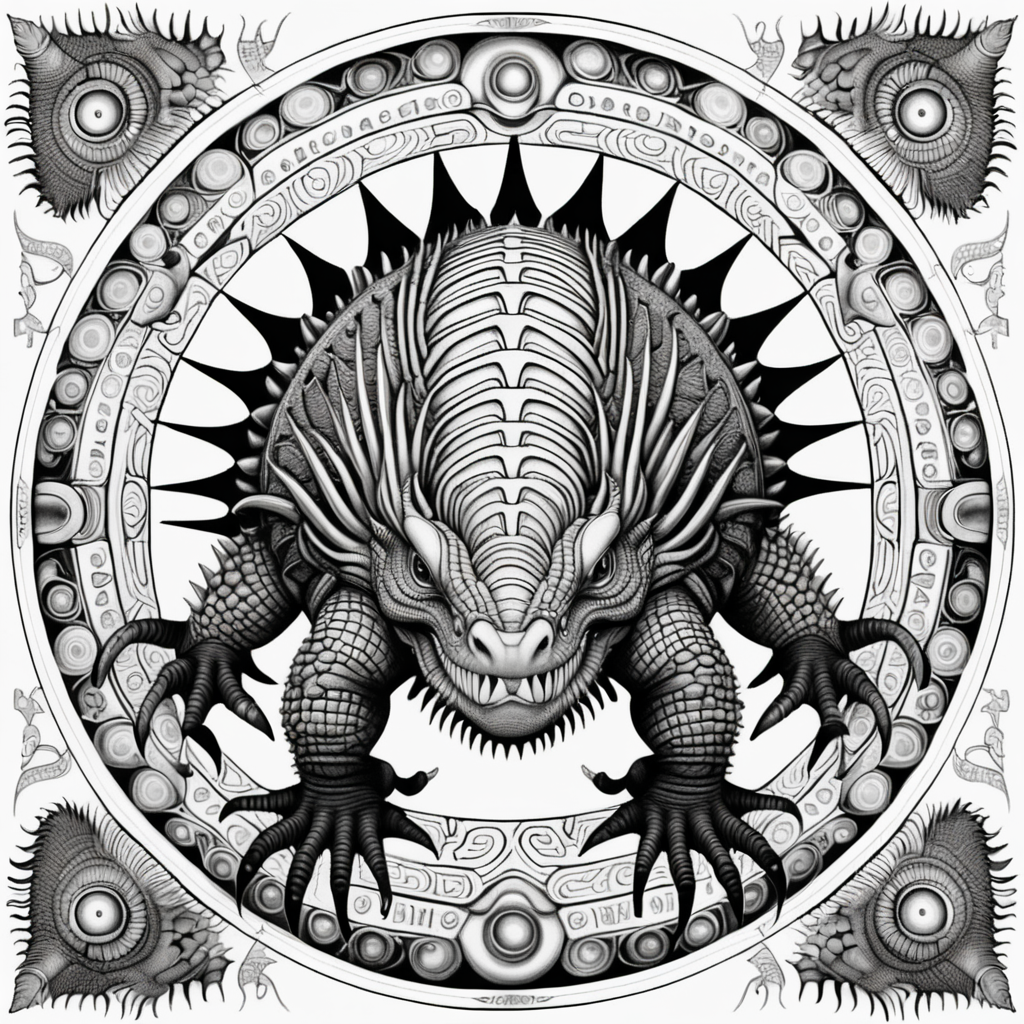 black & white, coloring page, high details, symmetrical mandala, strong lines, ankylosaurus with many eyes in style of H.R Giger