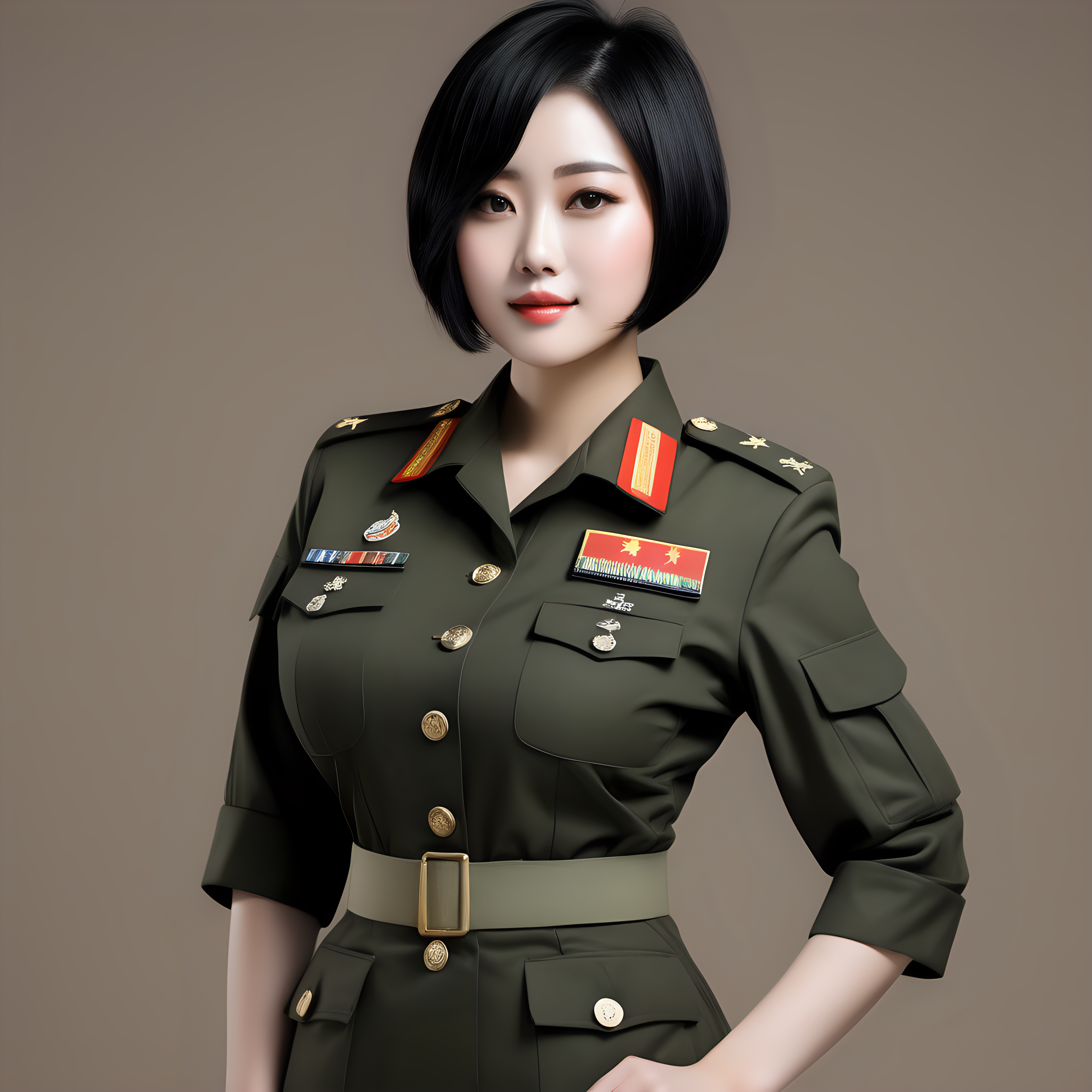 一名中国陆军
青年女性
短发
黑发
大乳房
迷彩服