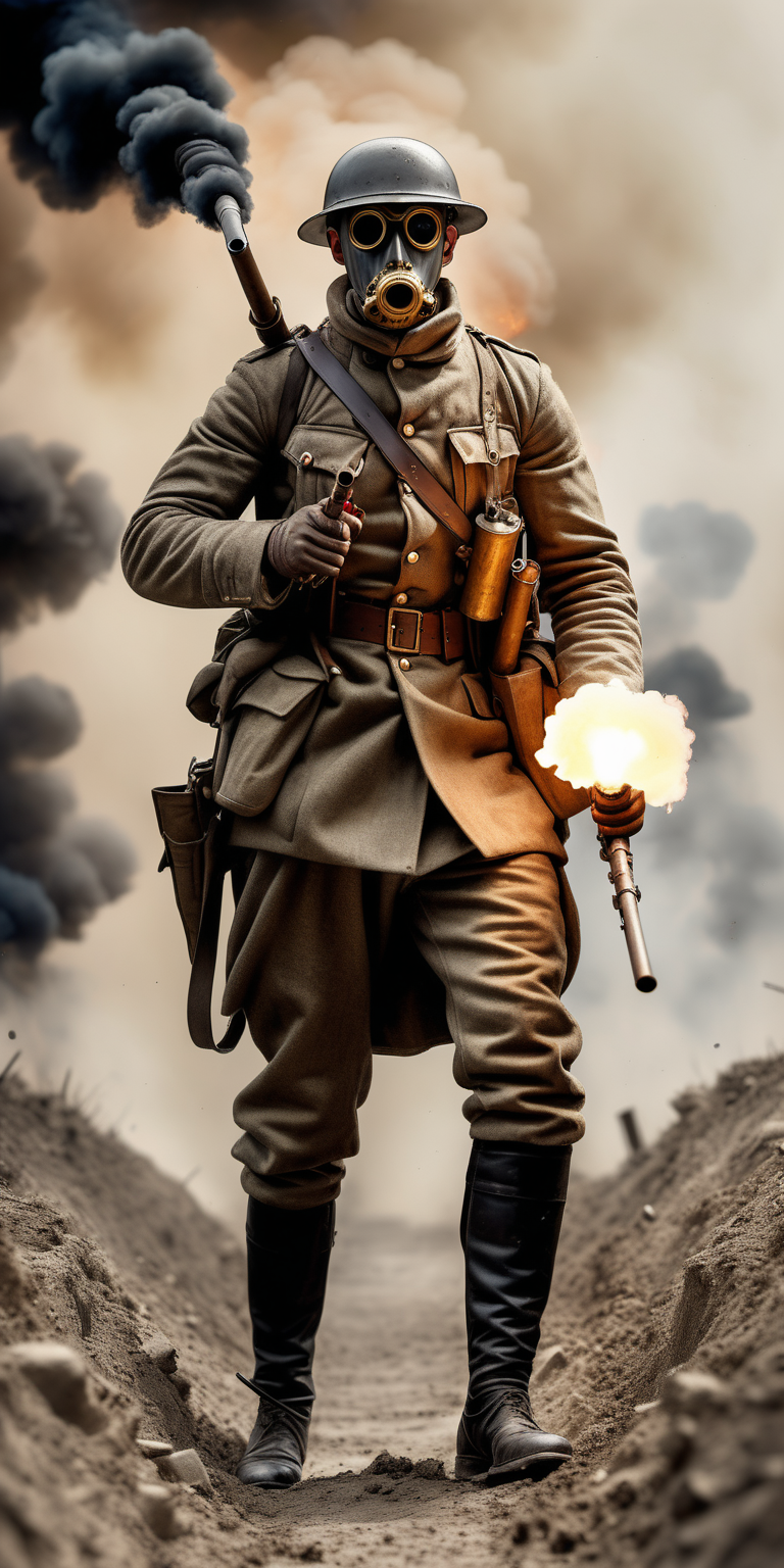 realistic masked muscular tall WW1 soldier with a