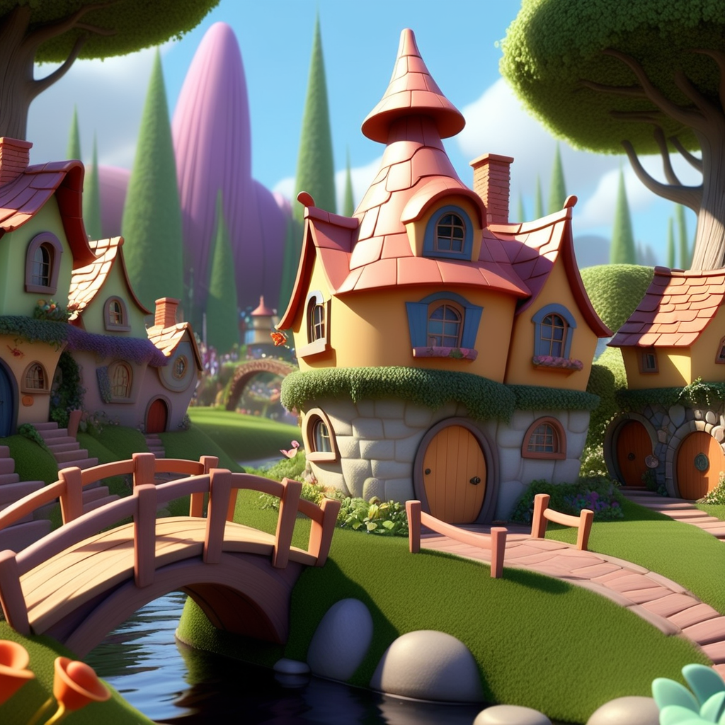 /envision prompt: Bring the fairy village to life in Pixar 3D animation. Showcase adorable houses, bridges, and magical pathways with the meticulous detailing characteristic of Pixar's visual storytelling.  --v 5 --stylize 1000