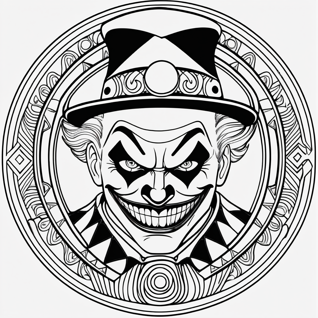 adult coloring page, black & white, strong lines, high details, symmetrical mandala, evil clown in style of the harley quin