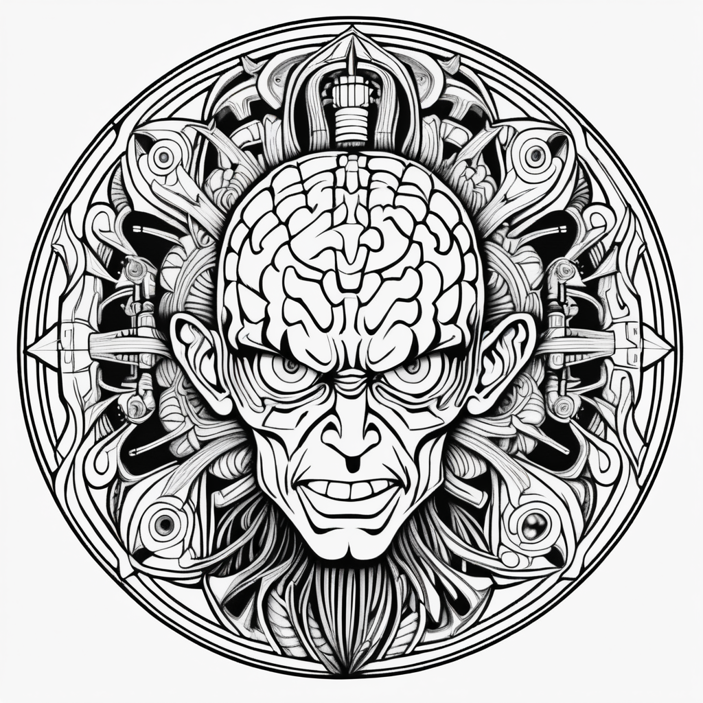 adult coloring page, black & white, strong lines, high details, symmetrical mandala, evil mad scientist with visible brain