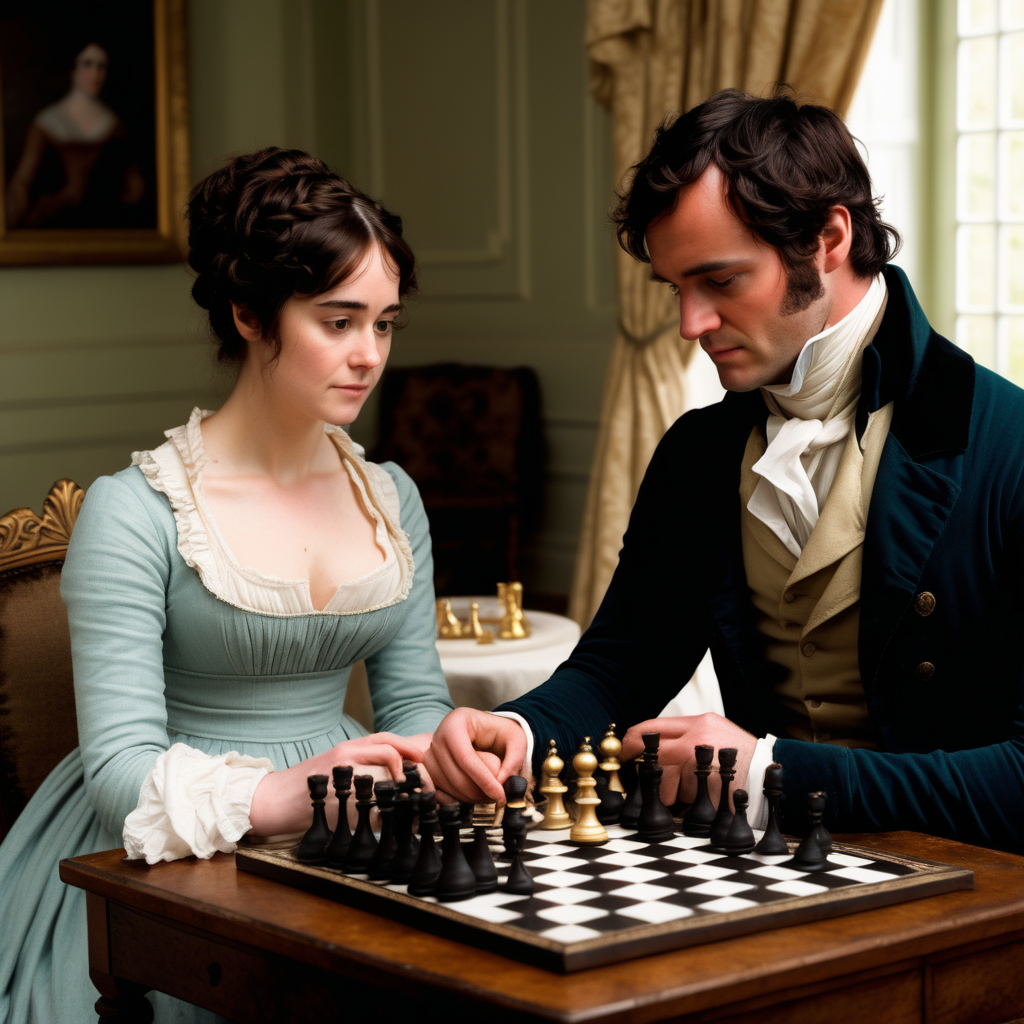 Elizabeth Bennet and Mr Darcy playing chess