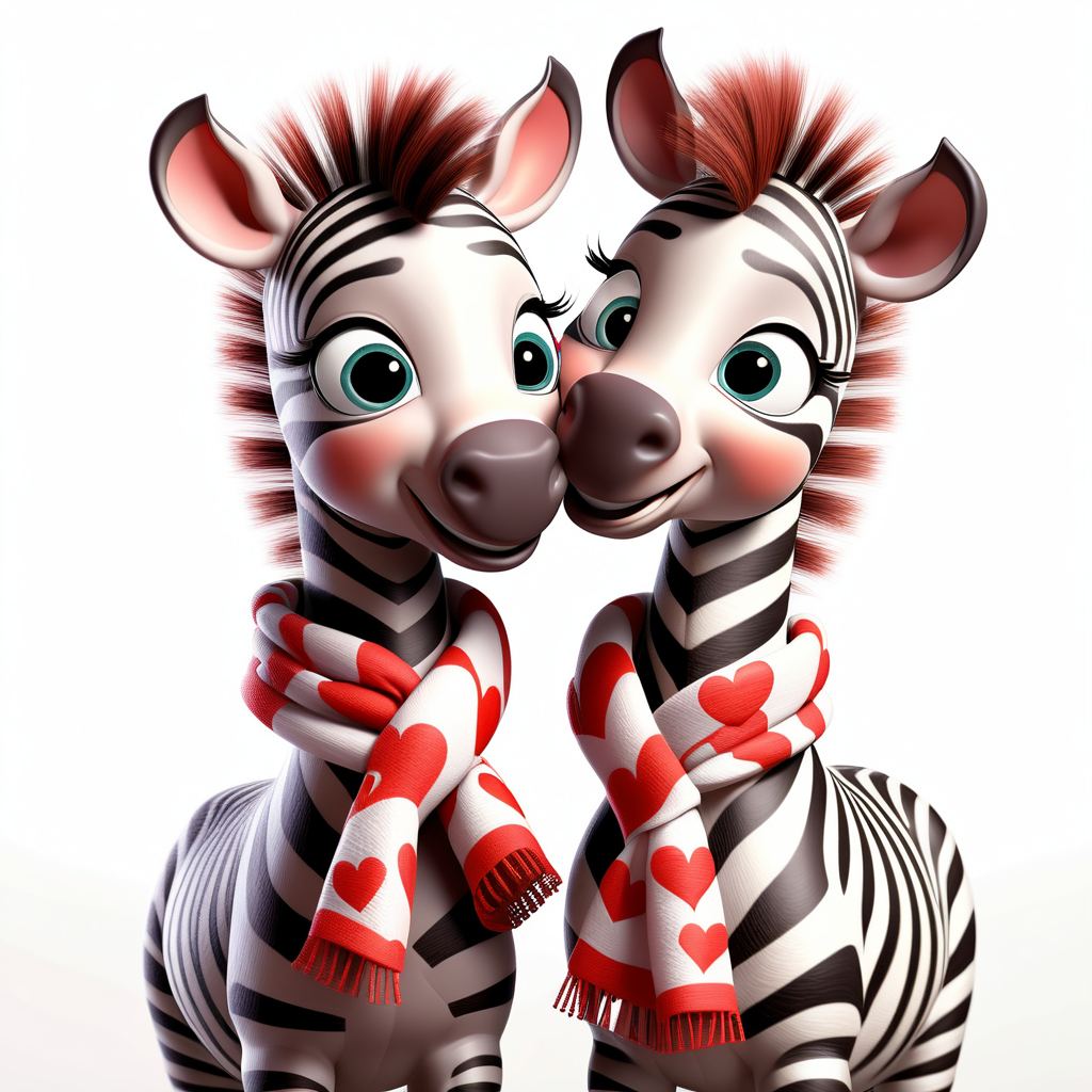 /envision prompt: "Cheerful Pixar 3D Zebra Foals in Love" clipart showcasing zebra foals wearing heart-patterned scarves, nuzzling affectionately against a clean white background. The Pixar 3D style accentuates the charm of the Valentine's theme. --v 5 --stylize 1000