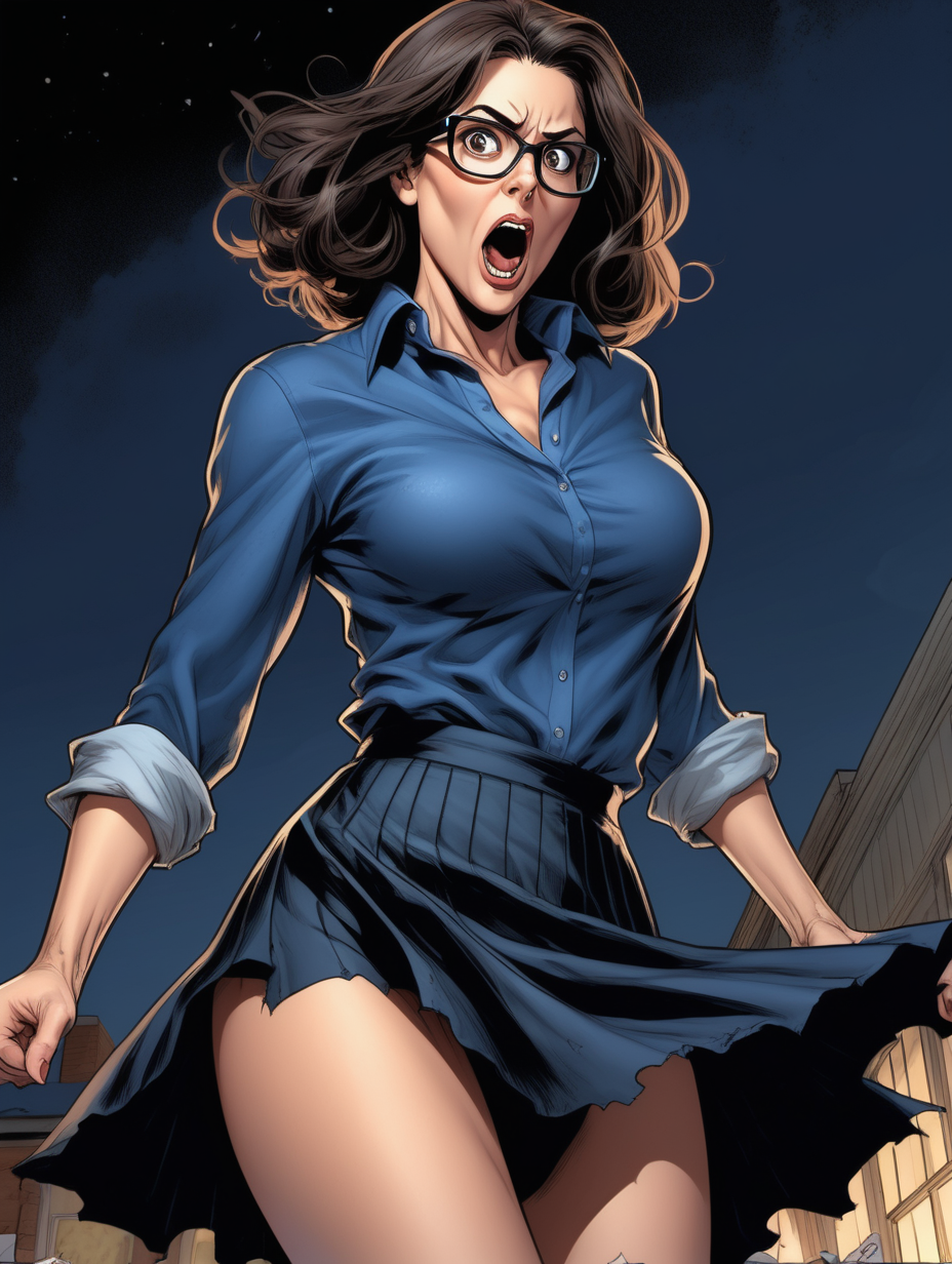 Beautiful, mature, brunette woman, teacher, glasses, [ripped open] (navy) shirt & (flowy) black skirt, trying to stop skirt from lifting [close-up of thighs], halloween night [Detailed comic book art style] below angle, pantyhose 