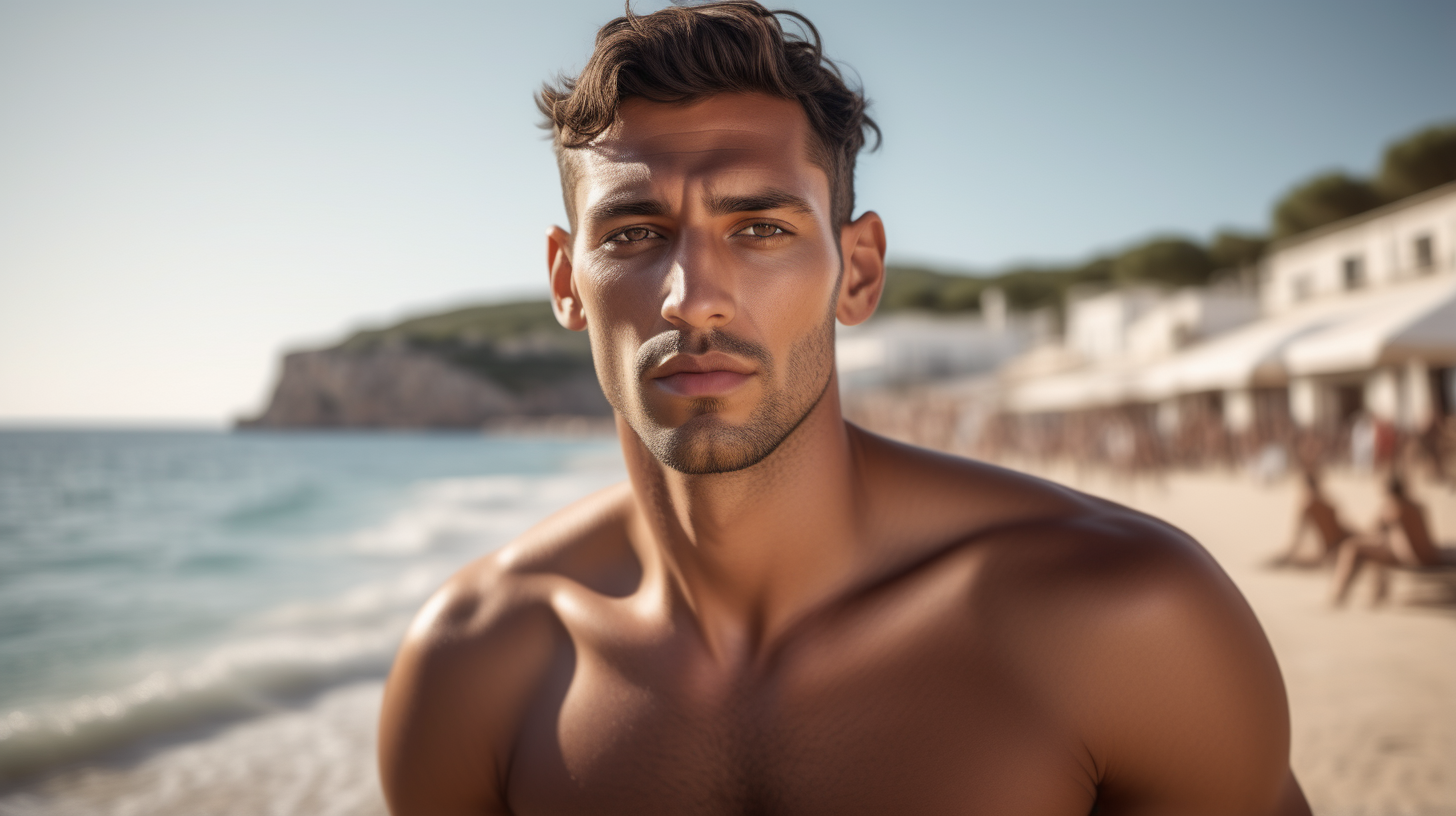 Chill-out, ibiza, beach, a super realistic handsome man, without shirt, hazel eyes, perfect olive skin, Extremely realistic textures. Sharp focus. A ultrarealistic perfect example of cinematic shot. Use muted colors to add to the scene