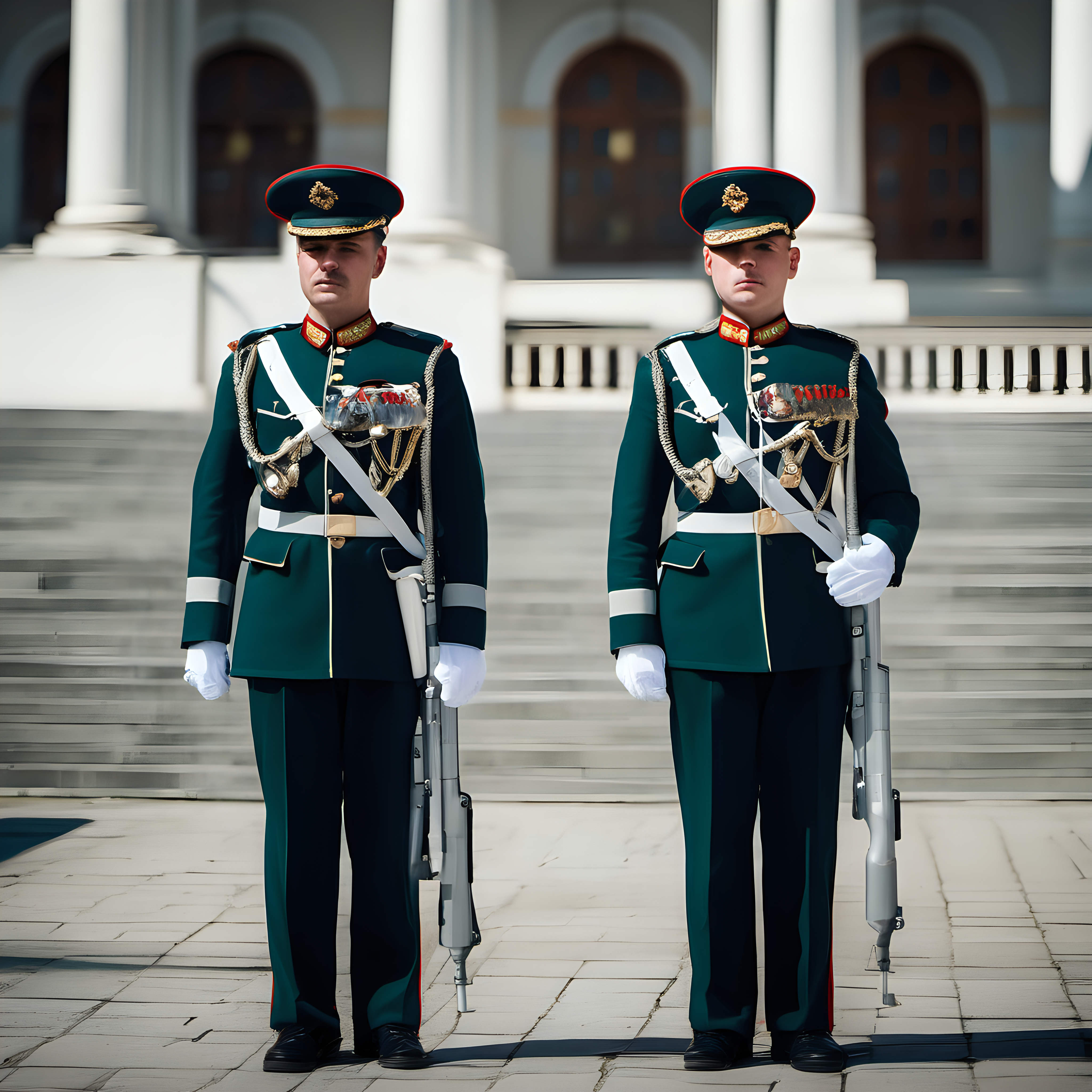 Two Russian armed guards, dressed in military uniforms. Stoic, Vigilant, Commanding, Regimented, Patriotic. Professional DSLR camera. Telephoto lens for capturing details from a distance. Mid-morning, with clear sunlight casting defined shadows and highlighting the uniforms and architectural details. Focus on the disciplined and stoic demeanor of the armed guards as they stand at attention. Capture their uniforms, posture, and the sense of authority. Digital capture with high resolution to showcase the details and sharpness of the uniforms. Use post-processing to enhance the colors and emphasize the seriousness and pride of the guards in their duty.





