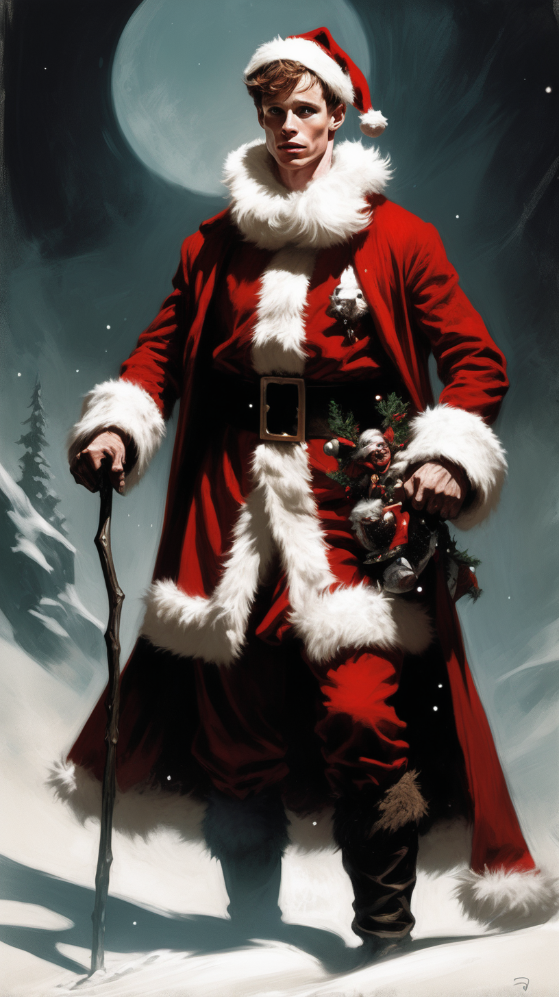 Create a dark fantasy art illustration,  frank frazetta style, of Eddie Redmayne wearing a Santa Claus costume. Waist up shot