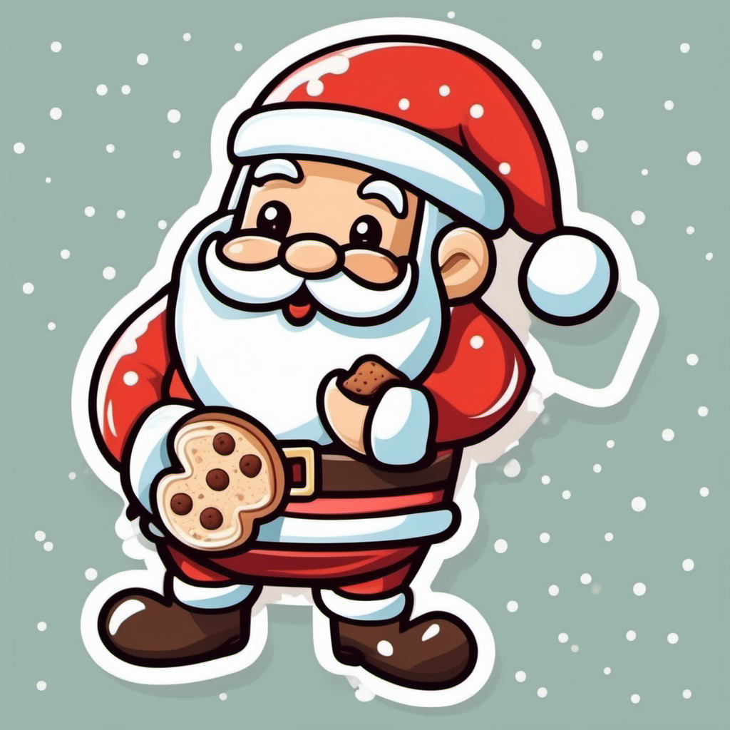Sticker, Santa Claus with festive decorated 
cookies and a Hot Cup of Cocoa, Christmas cookies, cartoon clipart, vector image, flat white background