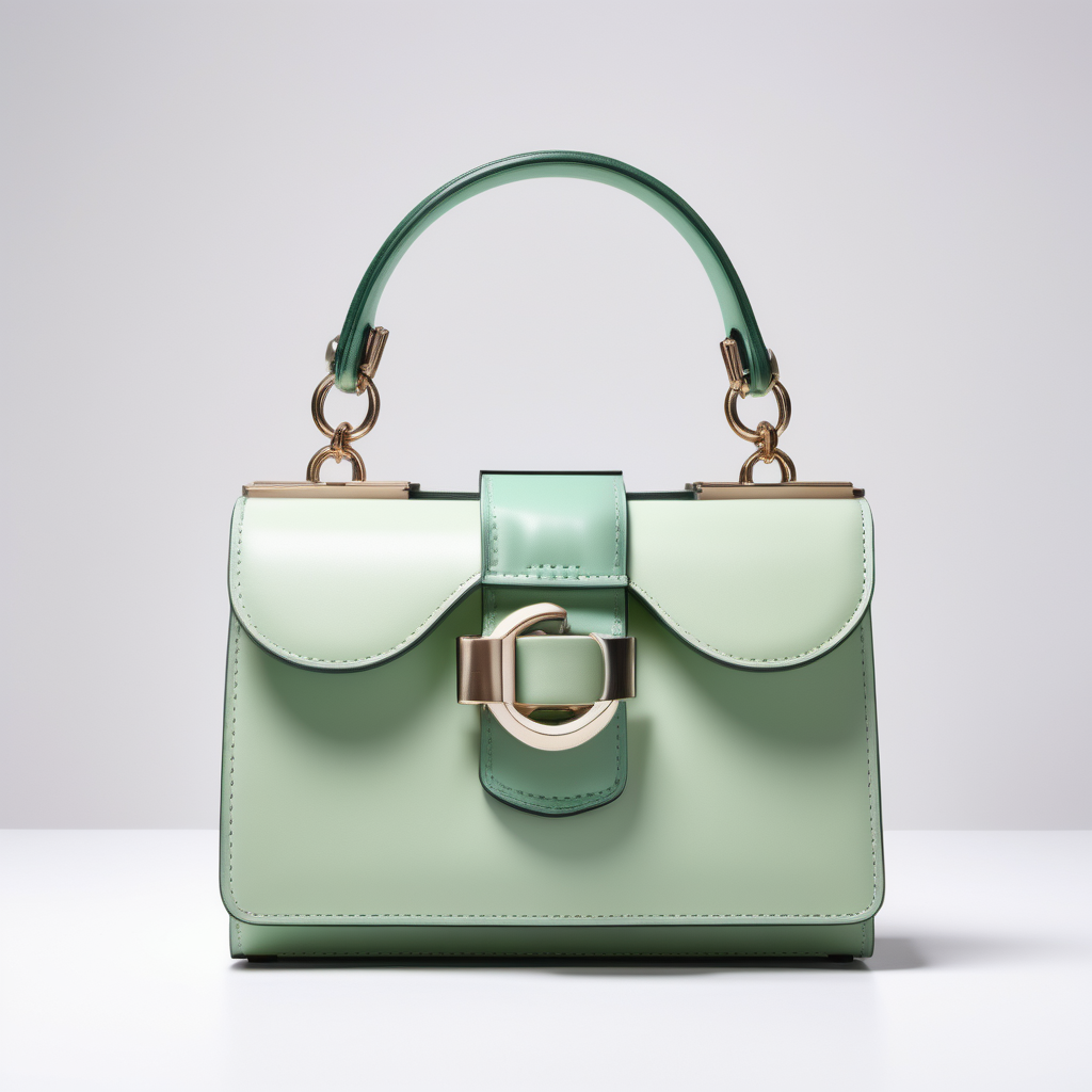 Optical illusione inspired luxury small leather bag - one handle - innovative shape - metal buckle - frontal view - pastel green shades
