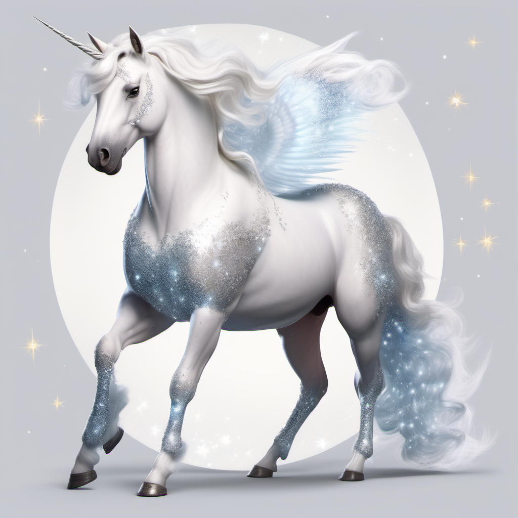 a full body image of a magical white unicorn with a shimmering coat similar to Diana Cooper