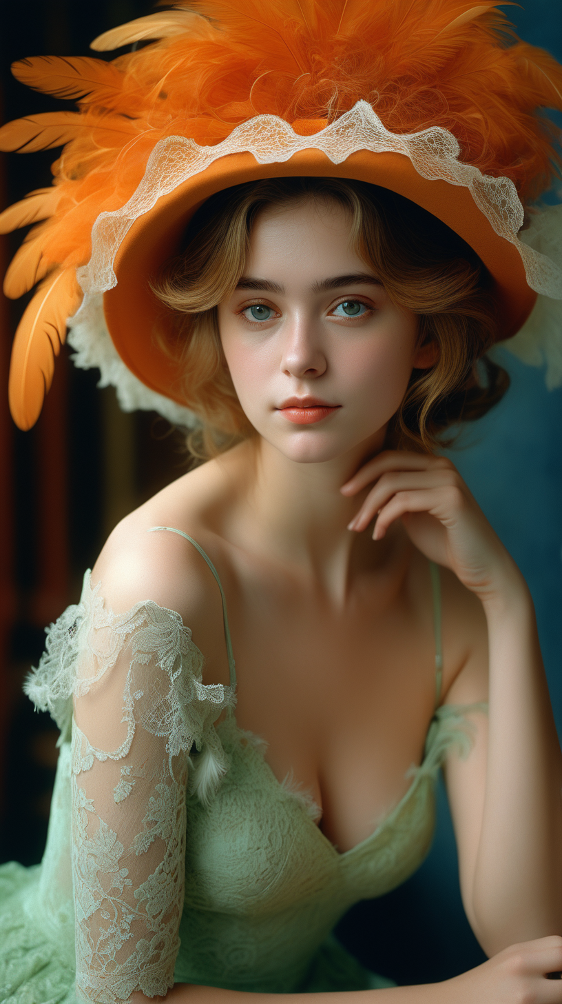 <lora:FilmVelvia3:0. 6>, masterpiece, best quality, 1girl, solo, sexy pose, pensive woman, intricate lace, feathered hat, curled hairdo, pale skin, minimal makeup, tender smile, dainty neckline, nostalgic atmosphere, still life, semi naked, cinematic shot, orange green golden blue dress