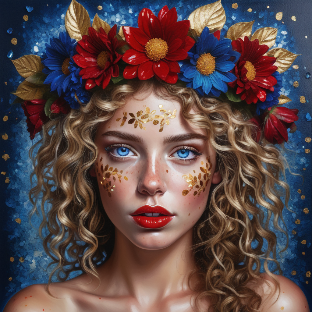 wall art painting of a beautiful american woman, flower crown, she is half made of flowers, deep blue crystal eyes glittering, open curly hair, red glossy lips, freckles on face, high texture, photorealistic, pro photo, crawler leaves around her face and head, detailed skin, super close up of face, golden spots on face