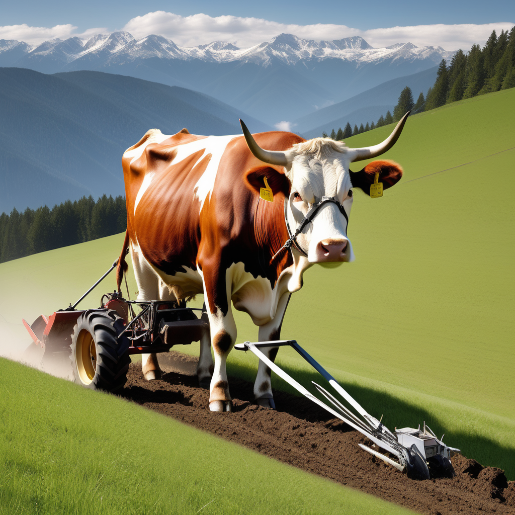 Create a picture of a cow plowing in