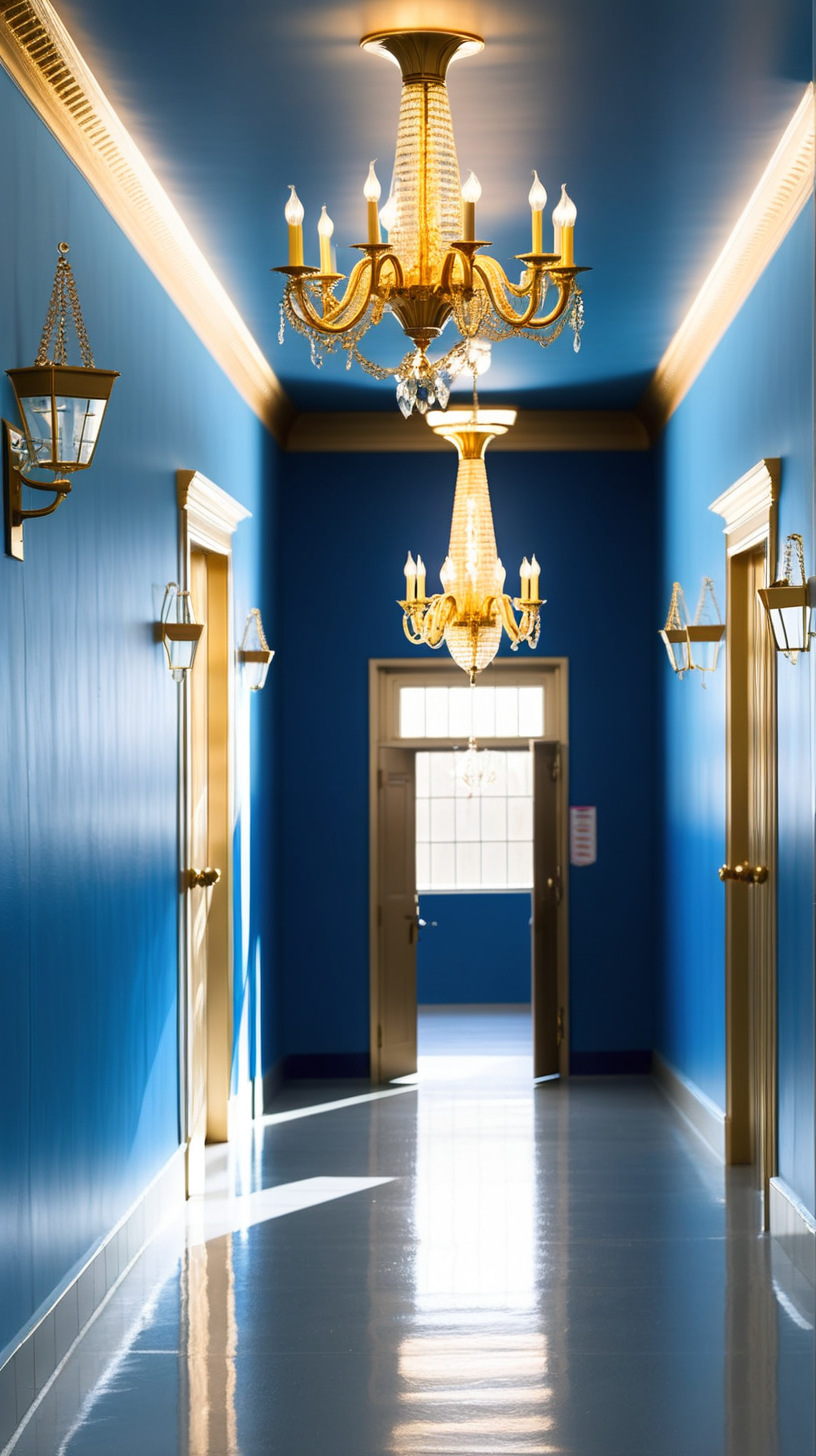 inside a school hallway that has blue walls with golden chandeliers