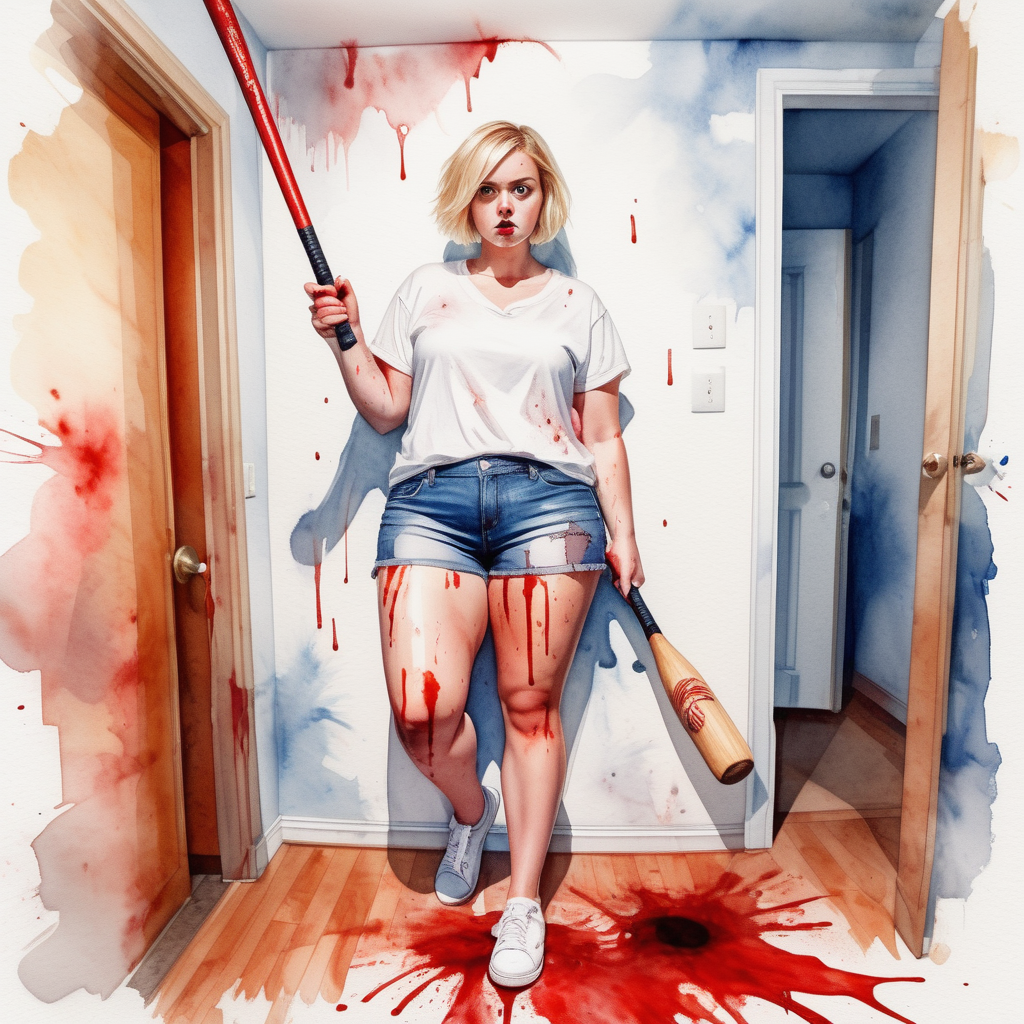 pov image by Sexy curvy blonde woman, short hair in a white shirt and denim shorts and white tennis shoes with a baseball bat in her bloody hand in in an apartment room, image based in watercolor paint.