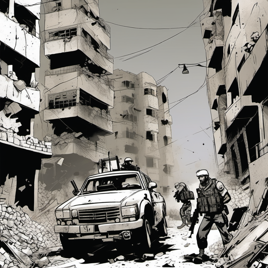 Urban Warfare: A gritty, urban landscape of Gaza, presented in a graphic novel style, showing the intensity of street battles with exaggerated perspectives and stark contrasts, emphasizing the chaos of urban warfare.

