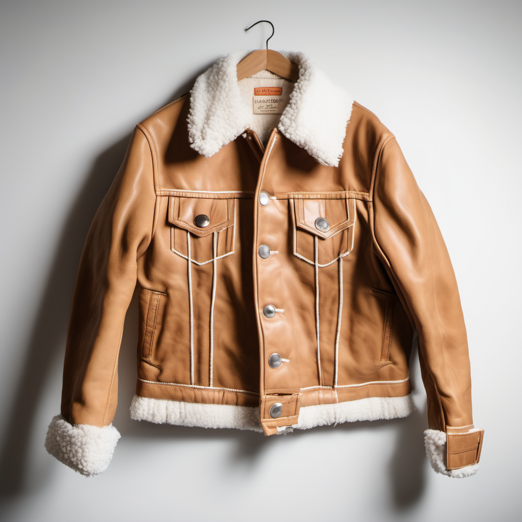 A three quarter length mock up of a Levi denim jacket, restyled into a three quarter jacket, made of Camel Tan, lambskin leather, with stainless buttons, with a fluffy white, shearling lining