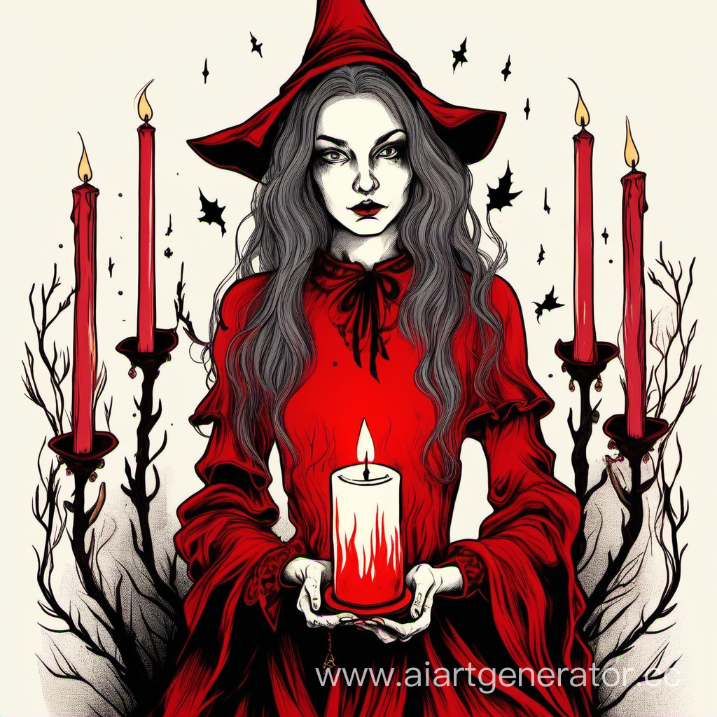 Девочка ведьма в красном огненном платье в руке у нее свечка