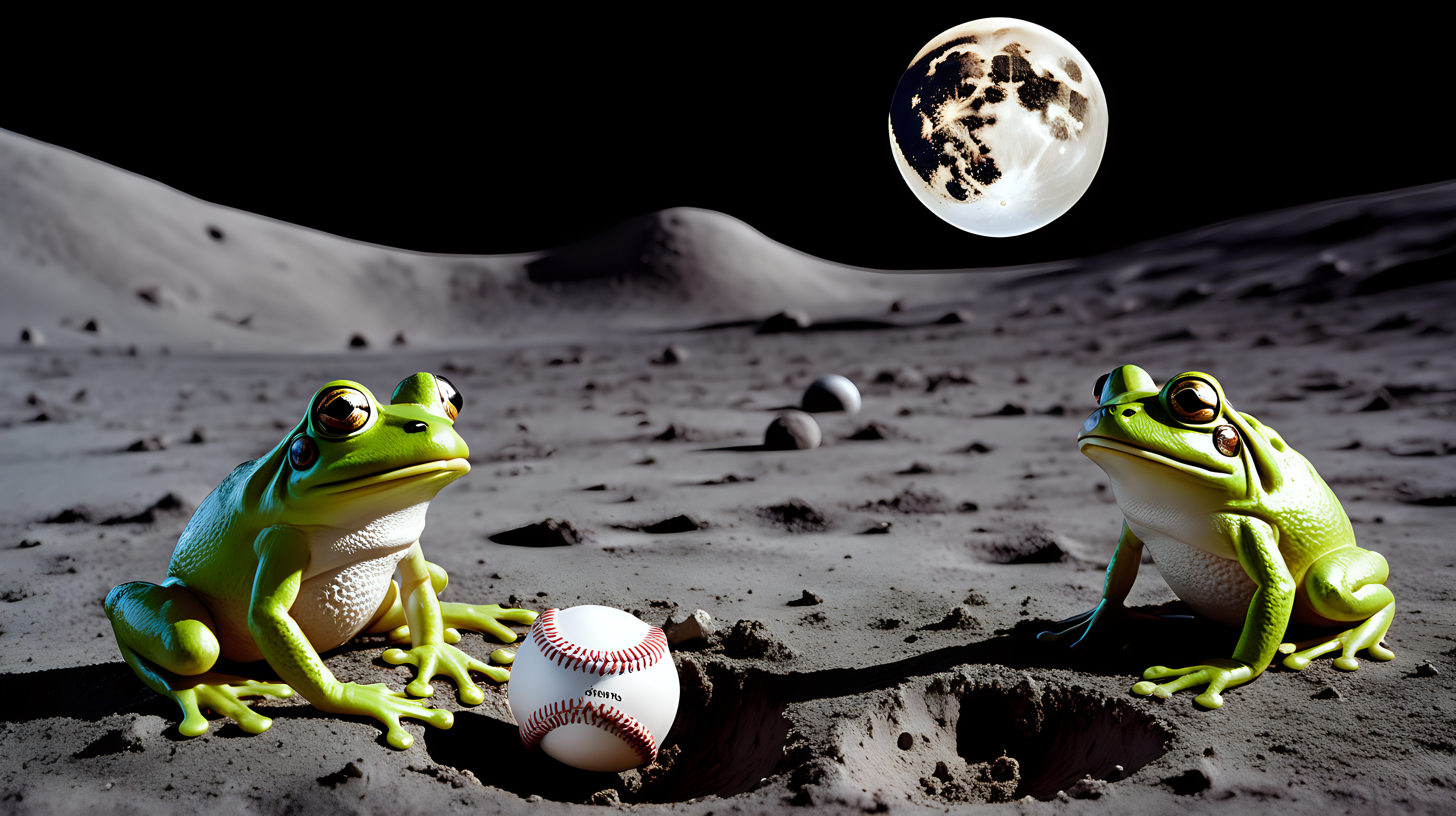 frogs playing baseball on the moon