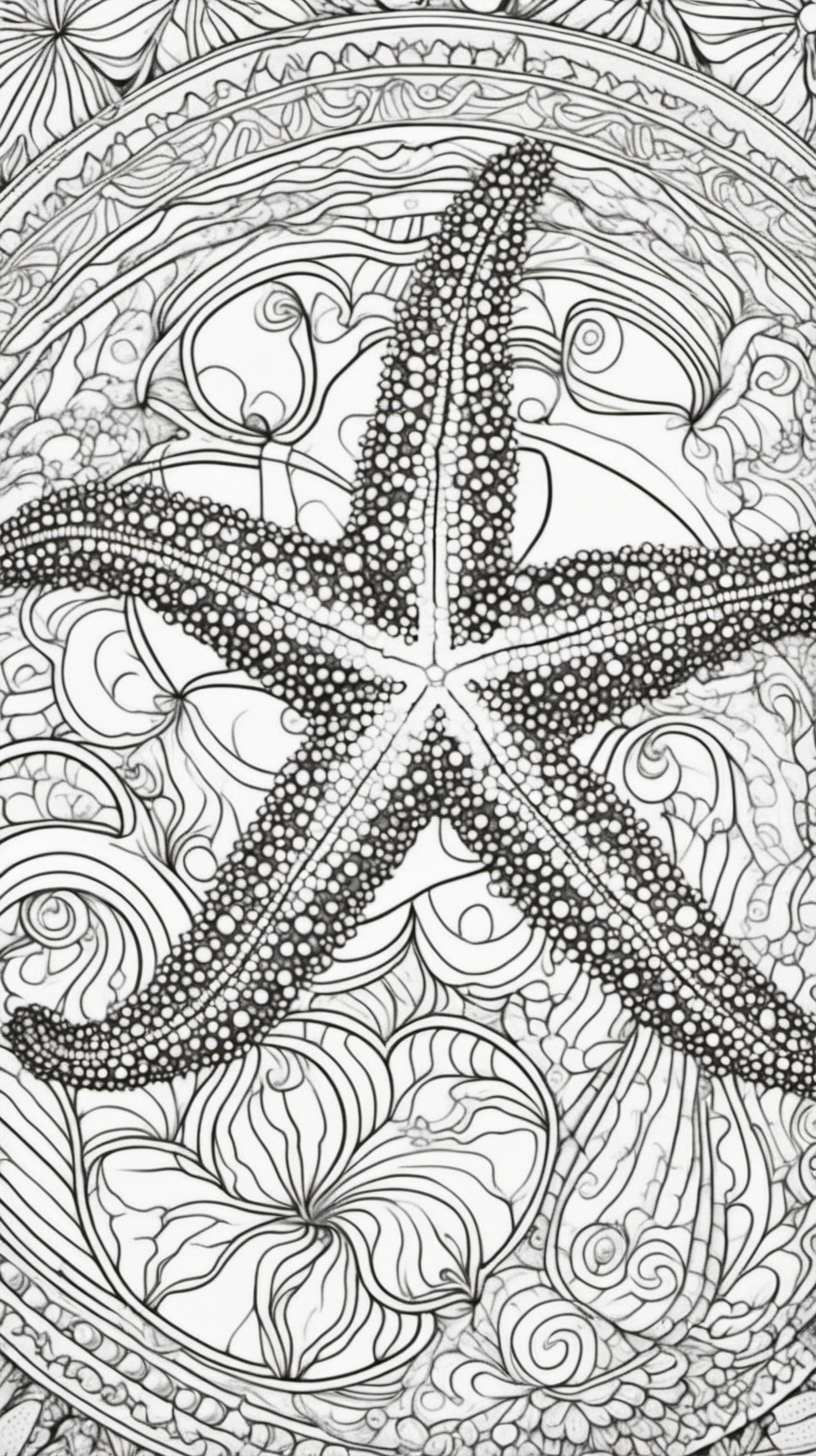 ocean starfish, mandala background, coloring book page, clean line art, no color