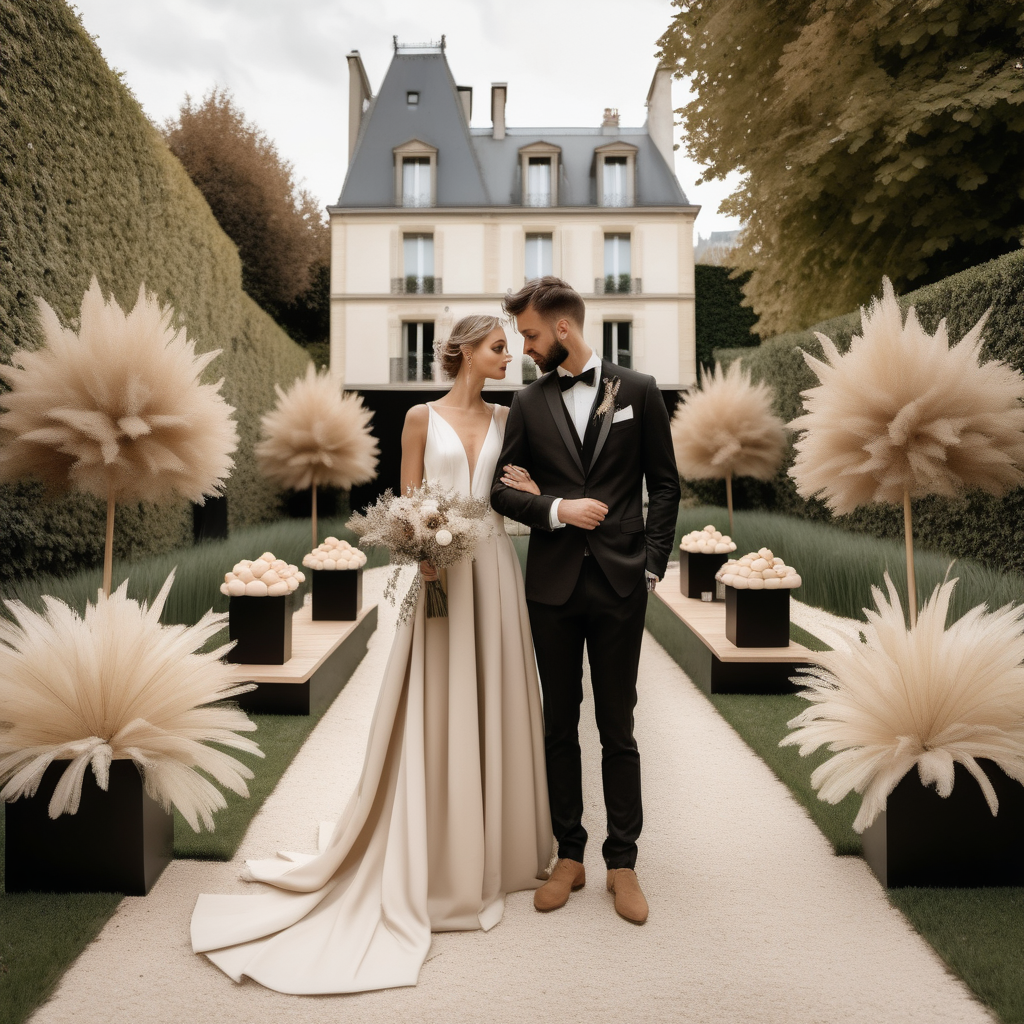 a hyperrealistic image of a grand Modern Parisian garden wedding in a beige oak brass and black colour palette