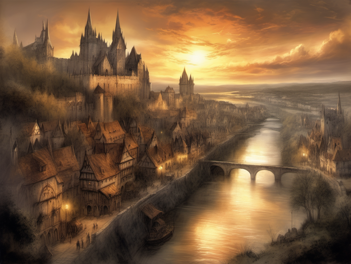 genera una ilustración a color, estilo Luis Royo, de una ciudad medieval de fantasía, con un castillo, un rio, luz cálida del atardecer, paisaje hermoso, ciudad hermosa
