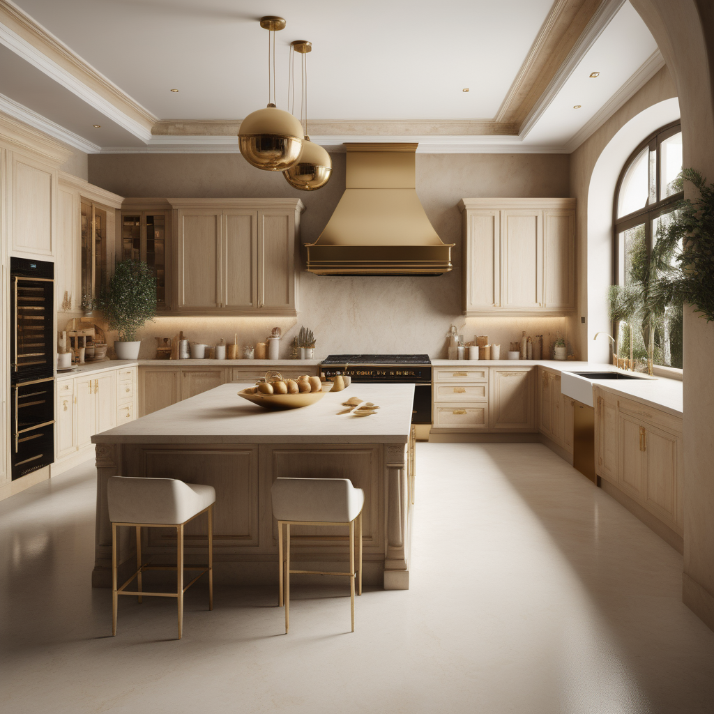 a hyperrealistic image of a grand Modern Meditteranean estate home Kitchen; Beige, oak, brass colour palette; 
