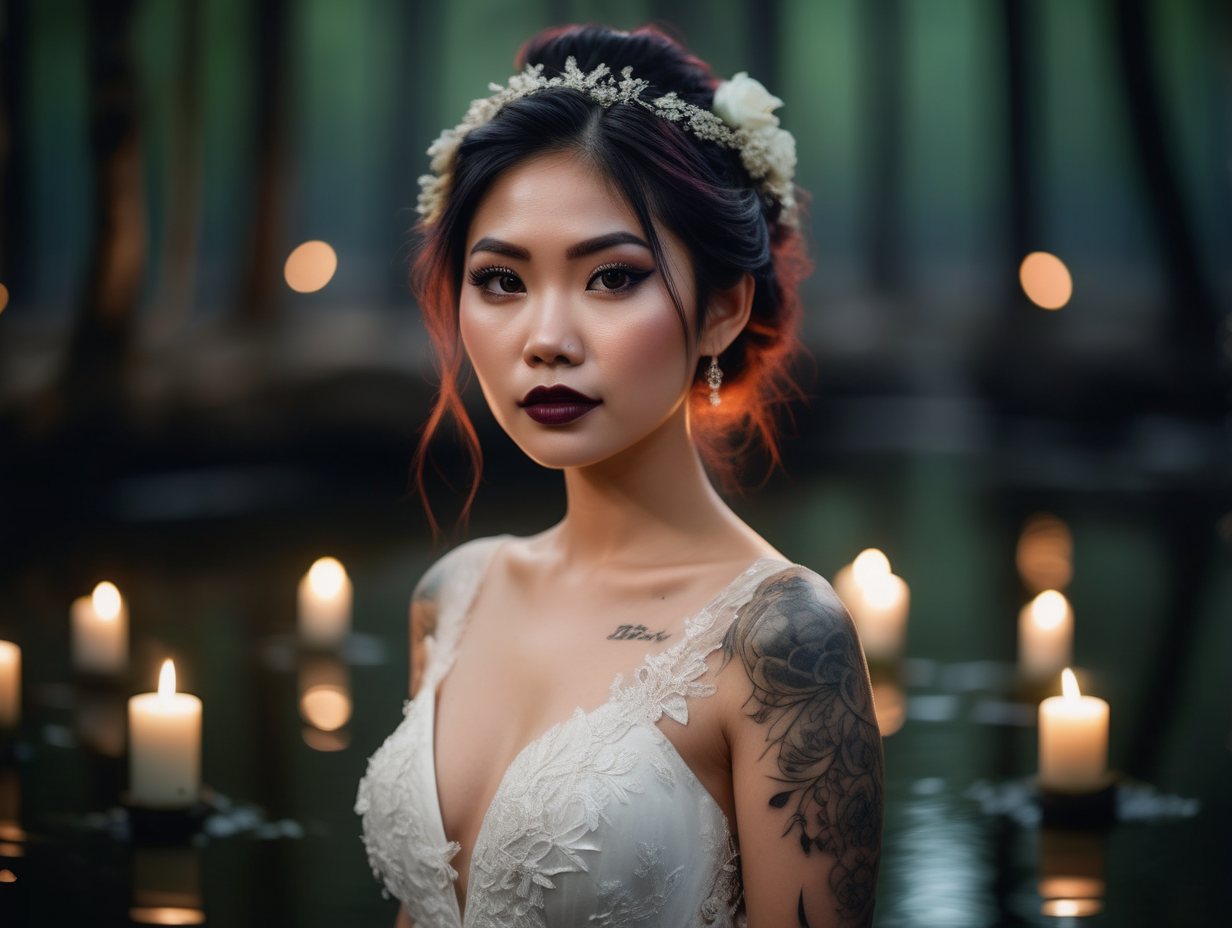 Beautiful Vietnamese woman, body tattoos, dark eye shadow, dark lipstick, hair in a messy updo, wearing a gorgeous wedding dress, bokeh background, soft light on face, standing in a lake in front of elaborate candlelit forest wedding, photorealistic, very high detail