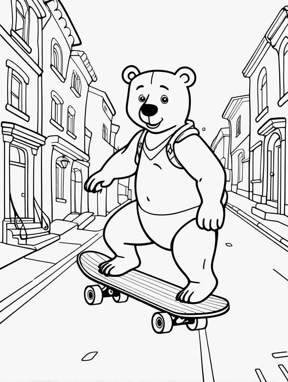 simple colouring page for kids, Bear on a Skateboard, background street, clean line art, --HD--AR 1:1.41