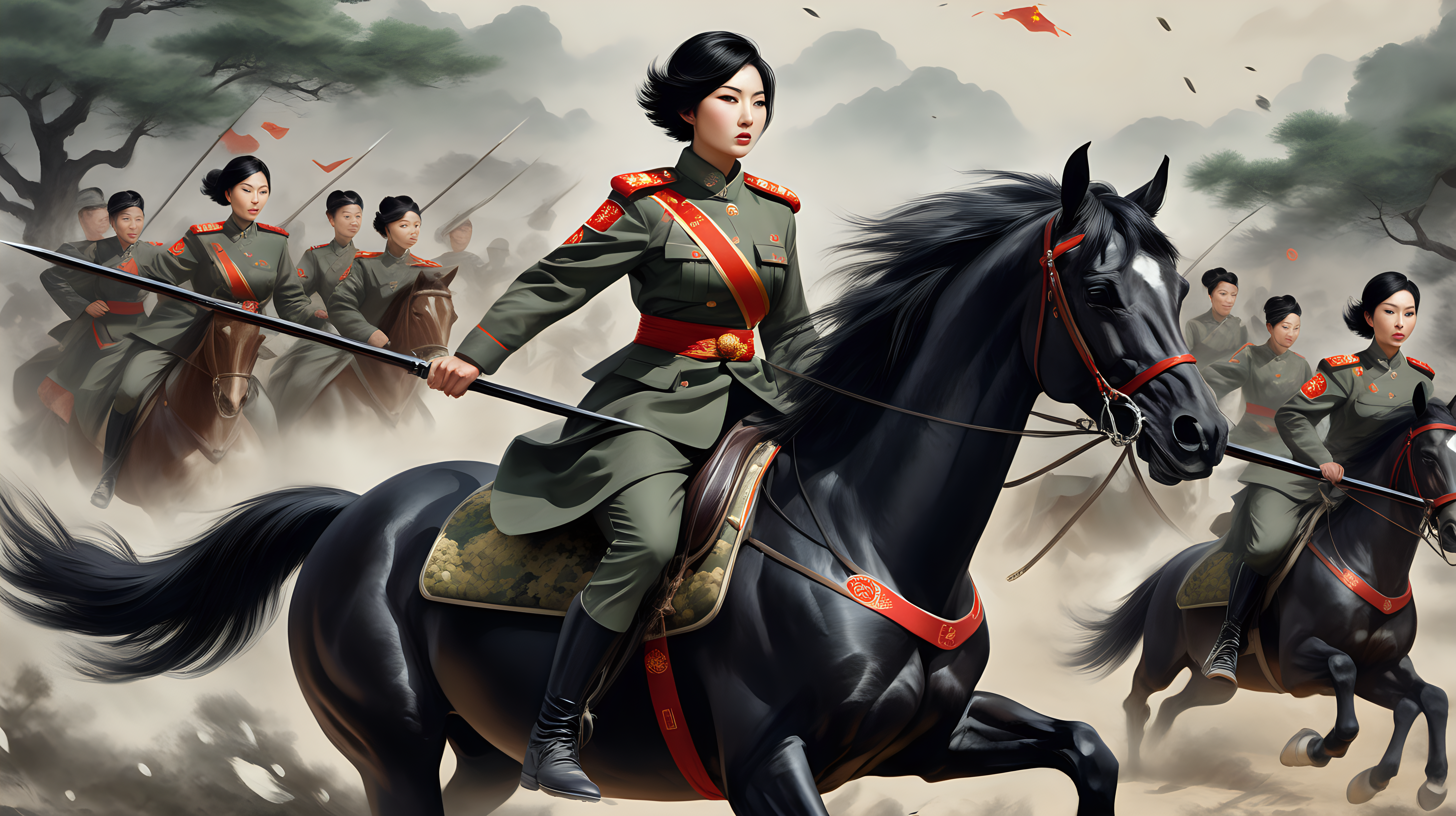 中国女兵
短发
黑发
迷彩紧身裤
骑马
拿着长矛
冲向敌人