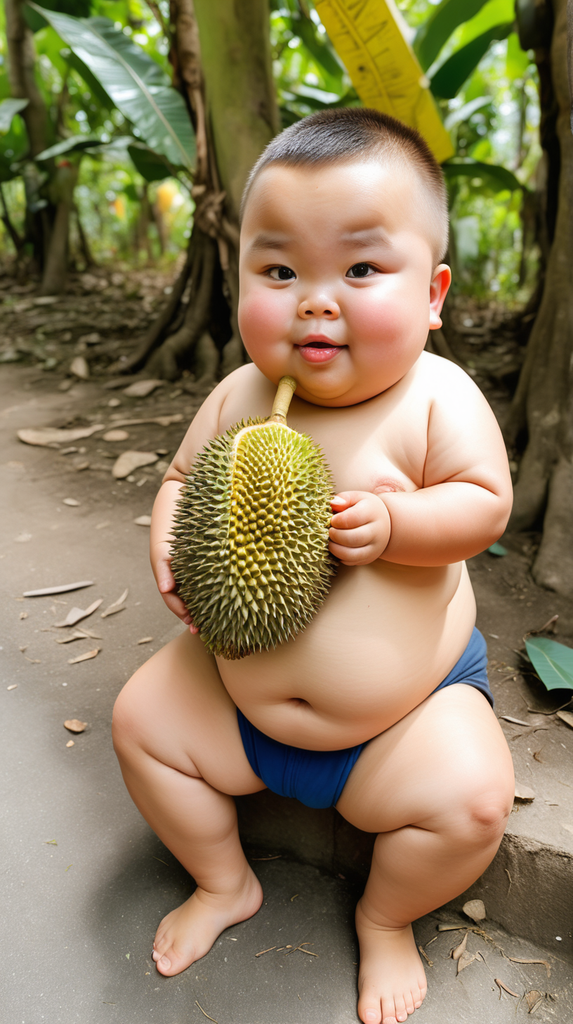 Cute Fat Little Boy with Round Cheeks. Picking Durian,