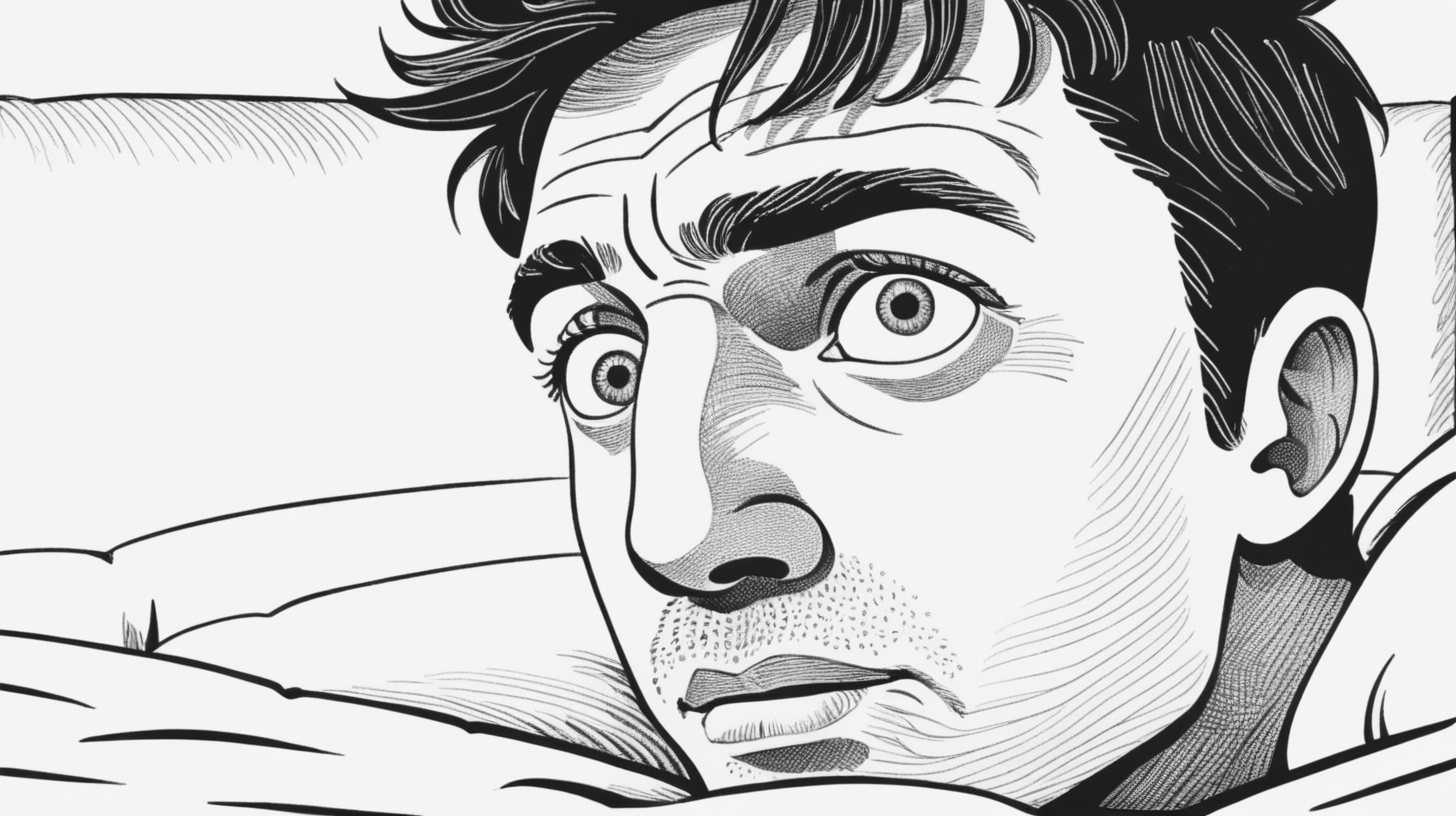 A simple black and white illustration of man on bed side view with eyes wide open. Close up