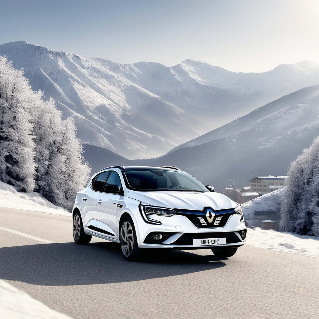 Renault Megane E-Tech in white color in the mountains in winter
