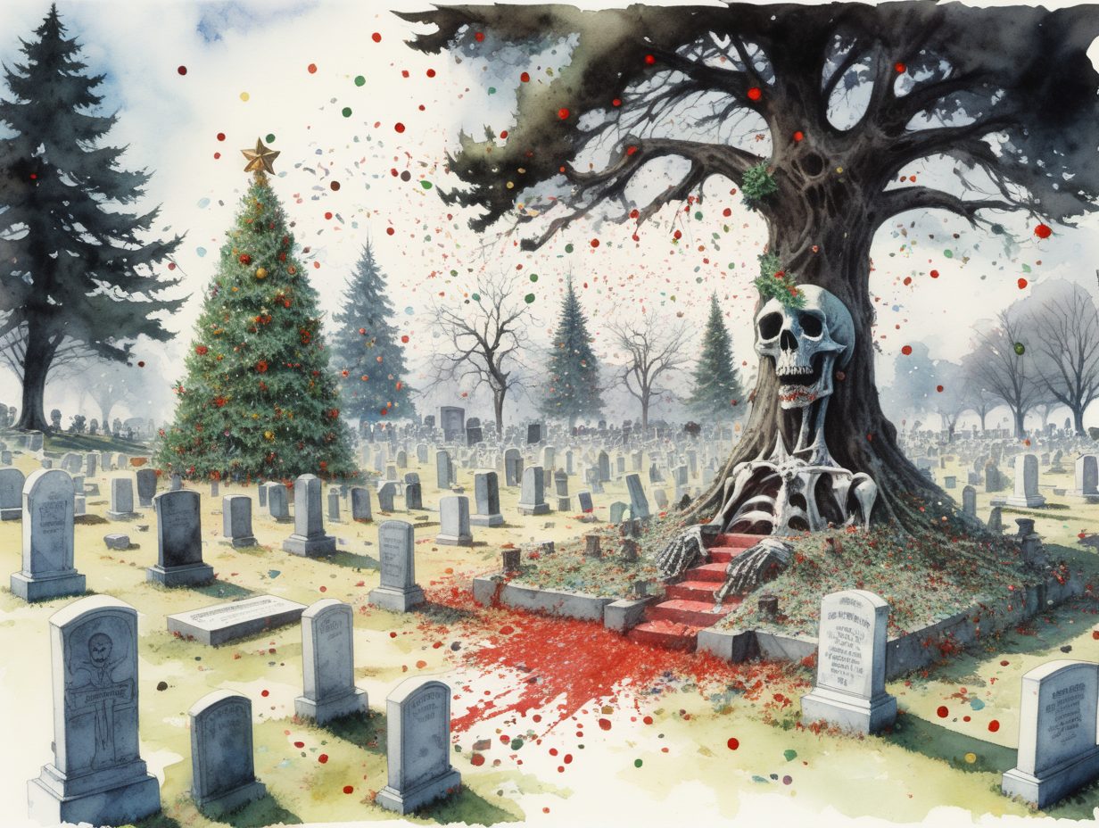 Cementerio, zombis felices lanzando espumillón,arbol de navidad con bolas calaveras,estilo Berni Wrightson,acuarela