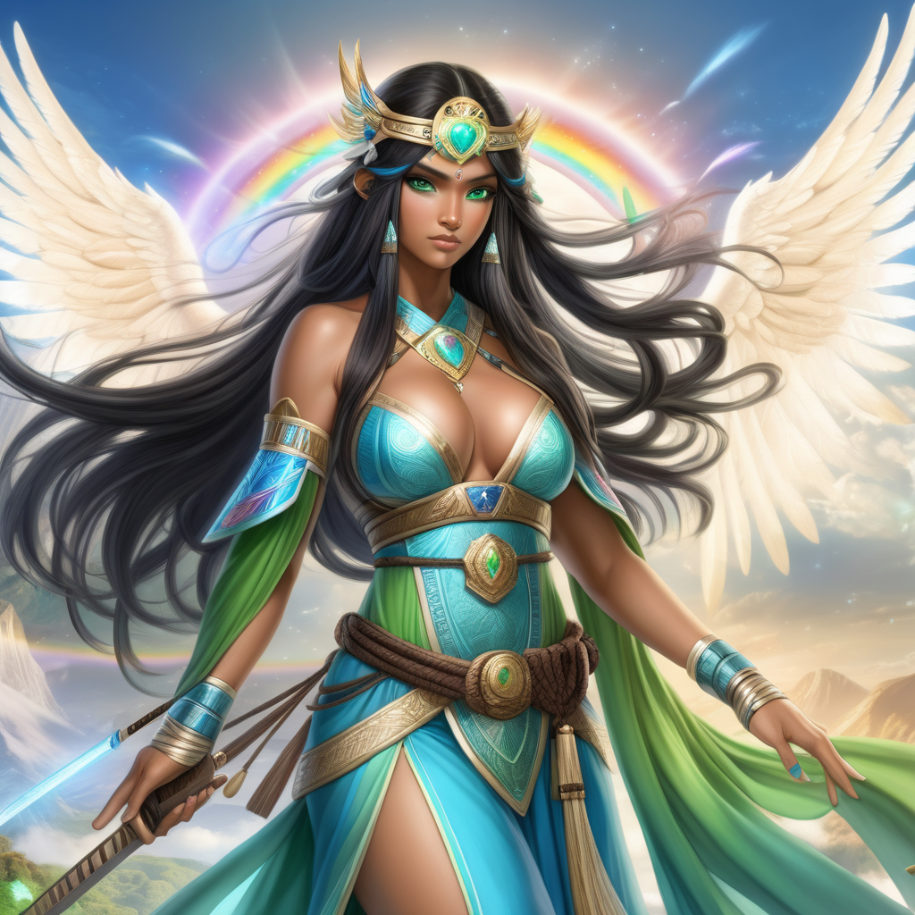 Seline the Goddess of light and love, and Crystal queen of indain decent, wings and rainbow power, samurai warrior and goddess with pure green blue eyes, black long hair to floor, powerful goddess of love, beautiful dress long, boobs,