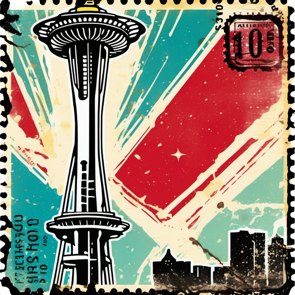 stamp with space needle, seattle, abstract, colourful, disstressed edges