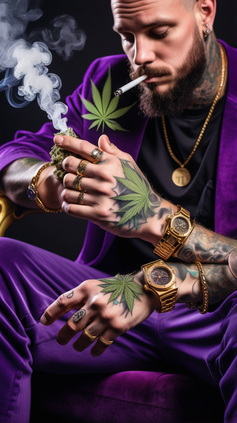 mans tattooed hand and knuckles, draped over a purple velvet throne with lots of big golden rings, bracelets and watch holding up a joint between his fingers, smoke billowing out,  hand holding a cannabis vape with smoke coming out