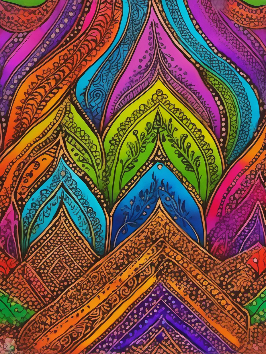 henna patterns , simple draw, vivid rainbow colors, 