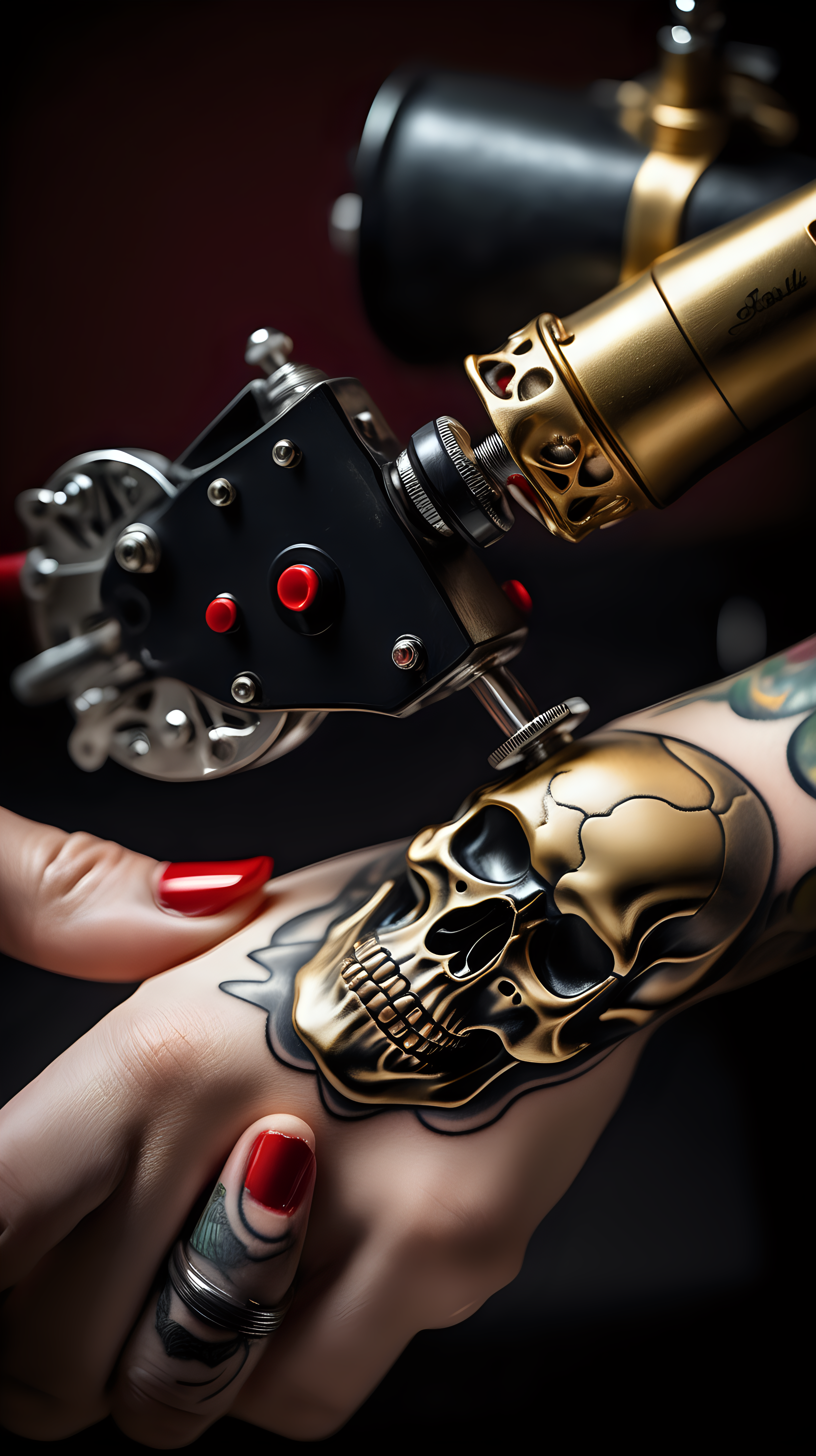 /imagine prompt : An ultra-realistic photograph captured with a canon 5d mark III camera, equipped with an macro lens at F 5.8 aperture setting, The camera is directly in front of the subject, capturing a vintage classic tattoo machine ,a pattern of the skull is engraved on it's golden tattoo grip , grabbed by a hand wearing black nitrile gloves . A lip painted with red lipstick kisses the grip of the tattoo machine.
the hand is blurred and the focus sets on tattoo machine .
Soft spot light gracefully illuminates the subject and golden grip is shining. The background is absolutely black , highlighting the subject.
The image, shot in high resolution and a 16:9 aspect ratio, captures the subject’s  with stunning realism –ar 9:16 –v 5.2 –style raw
