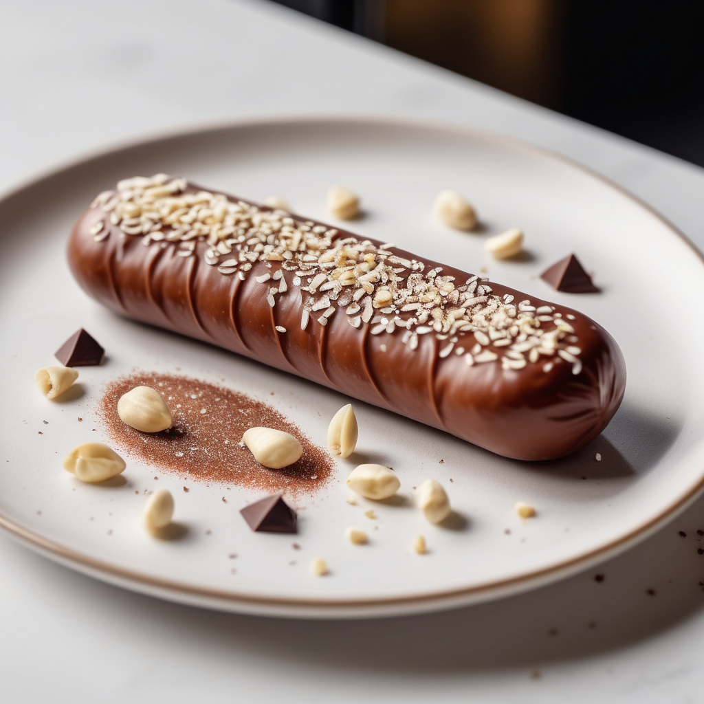 sausage shaped chocobar, placed horizontally with pinch of brownish white cashew crystals sprinkles
placed on a white paper, on a plate in a cafe

