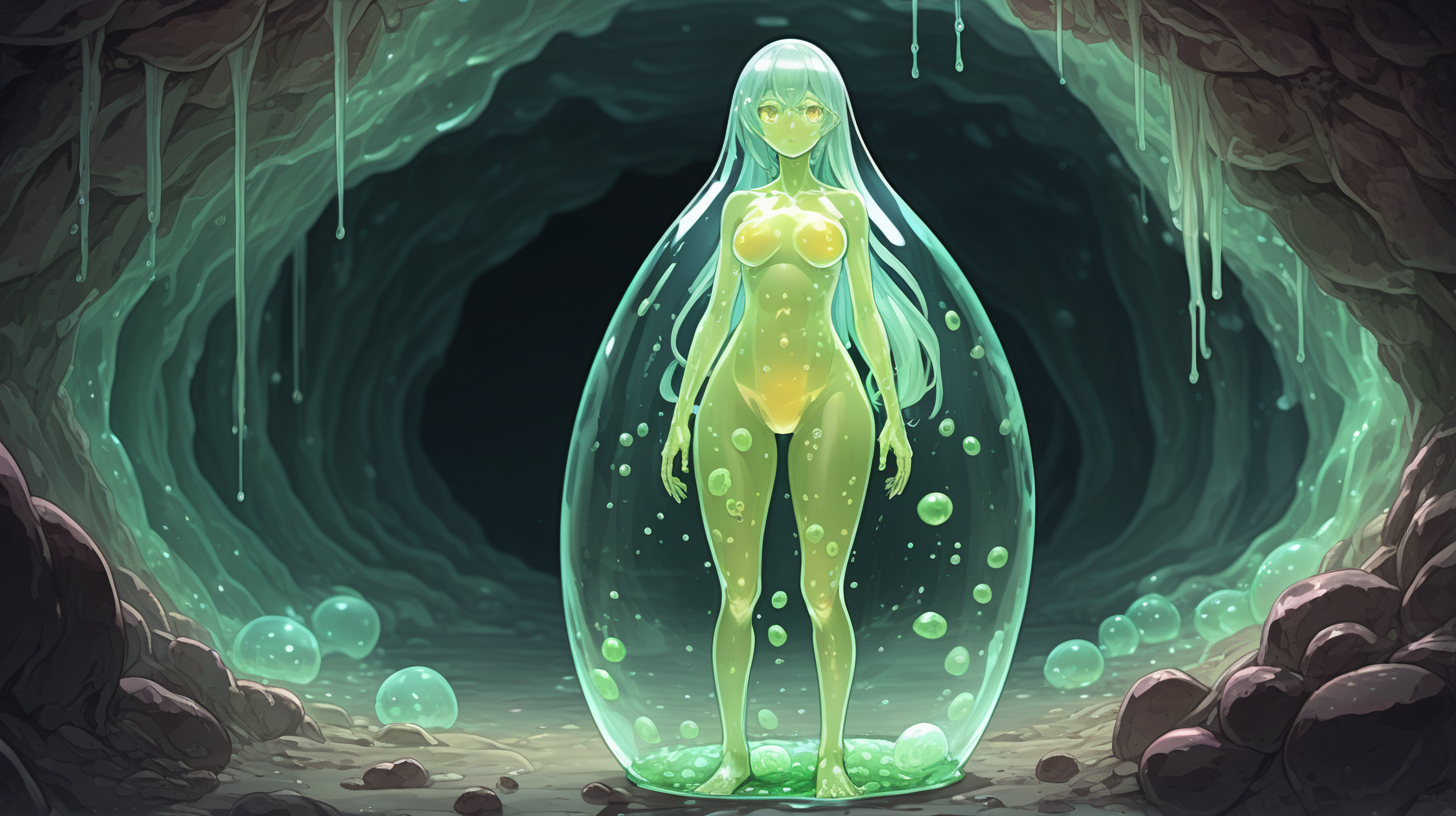 semitransparent single-celled organism slime girl waifu. entire body is semitransparent.  skin is a cell membrane. In a slimy cave environment. visible organelles. resembles egg yolks