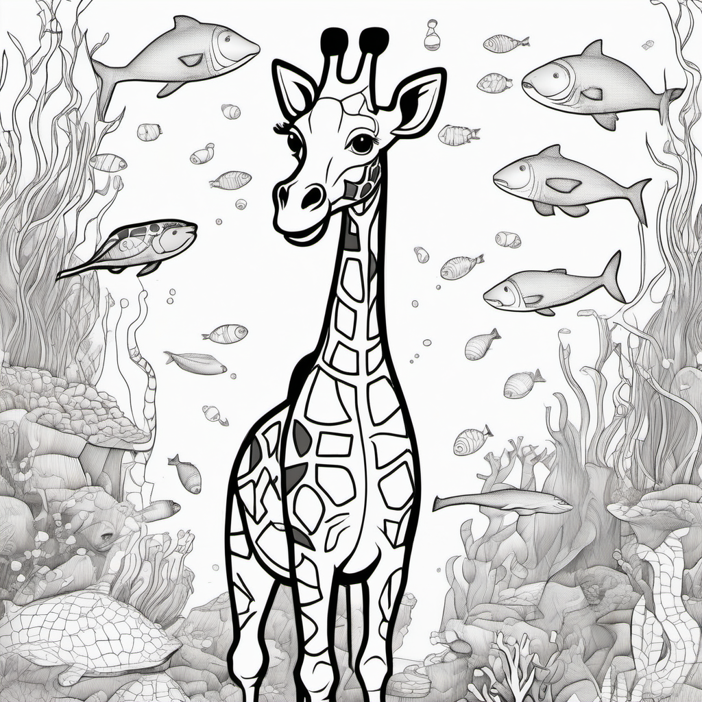 Imagine colouring page for kids Giraffe Underwater Wonderland