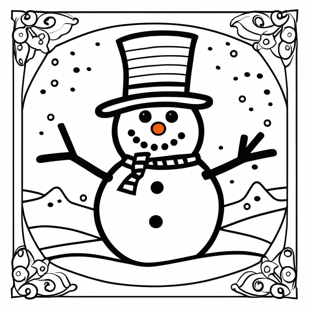 Pupazzo di neve, solo il viso, disegno da colorare per bambini di 6 anni, solo linee nere esterne, poche linee