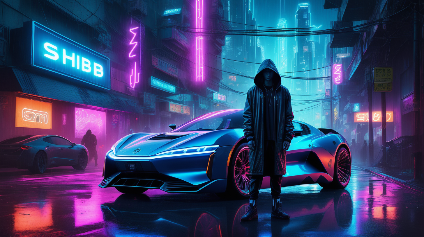 "A hyper-realistic photograph depicts a cyberpunk rendition of a future metropolis at night. The scene centers on a hooded figure, exuding an aura of mystery, standing by a futuristic sports car that gleams with metallic hues under the ambient neon lights. Above in the dense urban jungle, neon signs cut through the misty air, with the word 'SHIB' prominently displayed, signifying the cryptocurrency's integration into the fabric of society. The rain-slicked streets reflect the myriad of neon, including the bright 'SHIB' logos that illuminate the surroundings with a cool electric blue, adding depth and brilliance to this nocturnal urban landscape."
