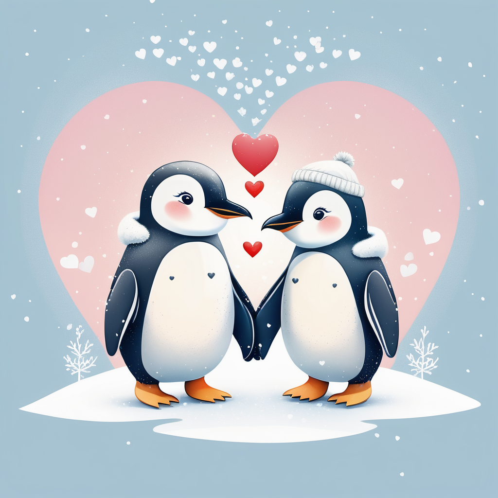 two cute penguins holdoing hands/snowy background/ love hearts above head
