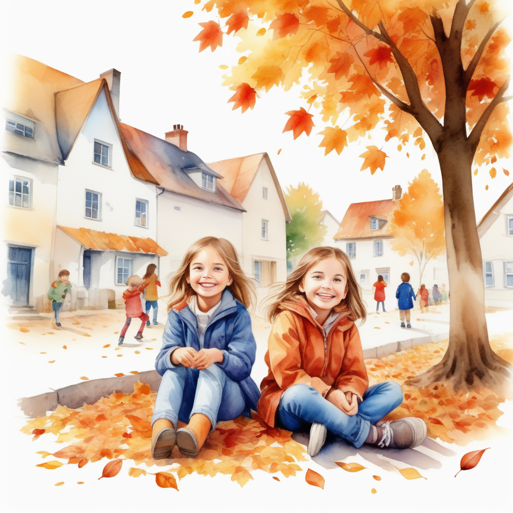 bílé pozadí_vytvoř realistickou ilustraci_realnější tváře_která je určena pro děti _ v pozadí , děti je vesnice_usmívají se, deti sedí pod stromy_je podzim_padá listí_akvarelové barvy
