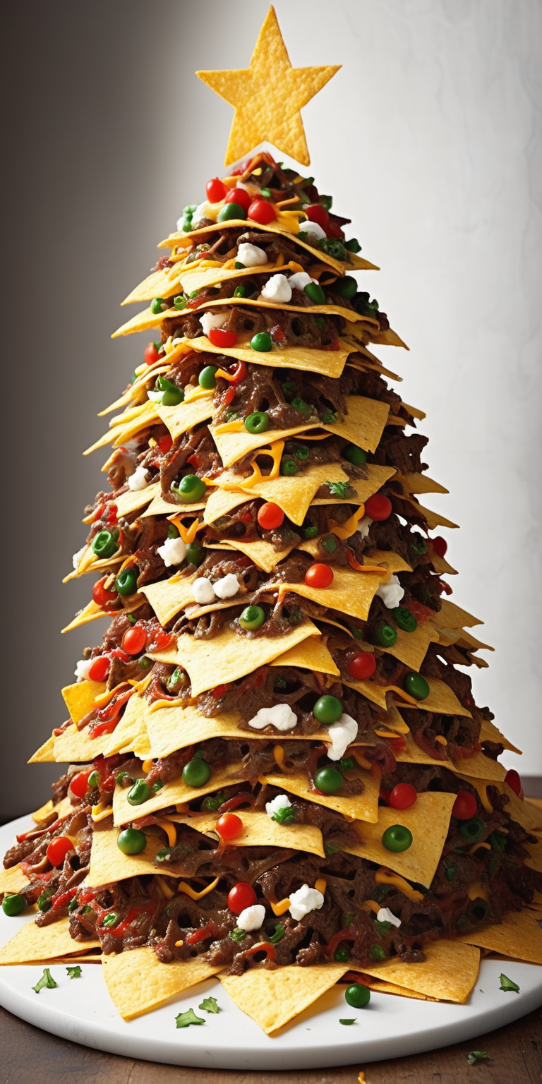 christmas tree made out of beef nachos