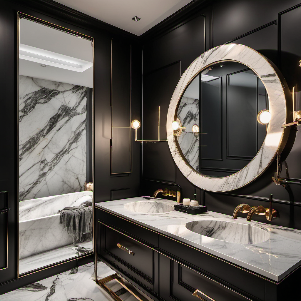 luxury marble bathroom with double sink moody