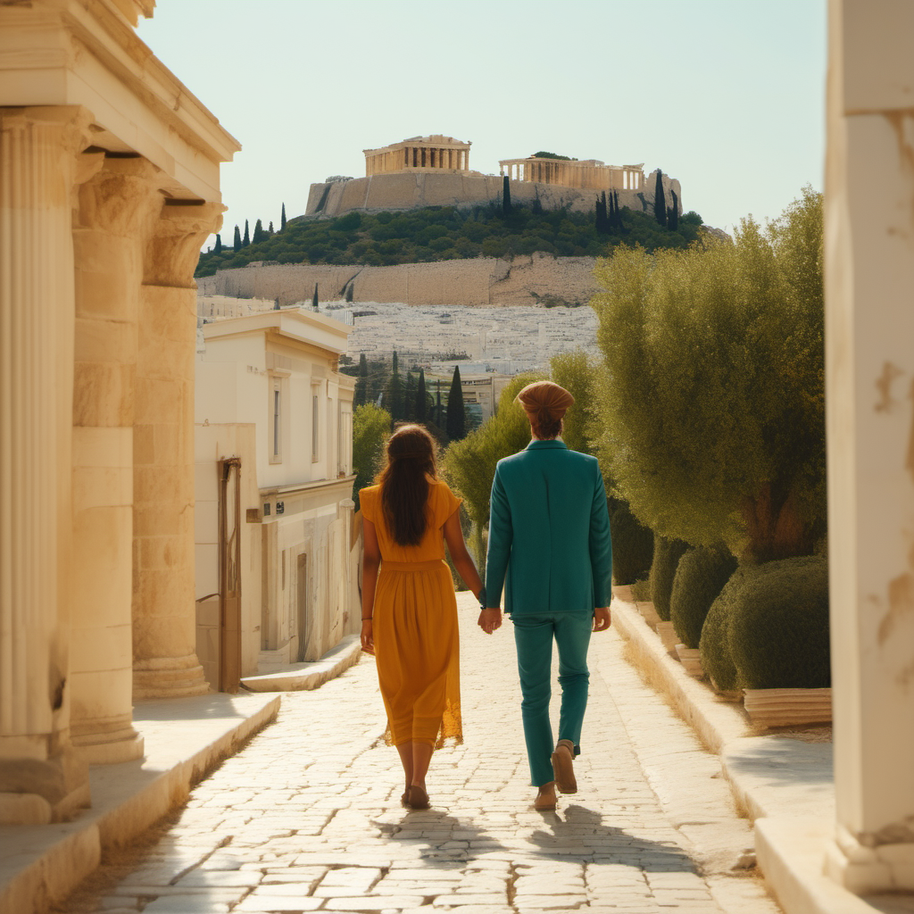 Young German-Indian couple wandering through the streets of Athens, a glimpse of Acropolis and olive trees in the background, Wes Anderson cinematic setting